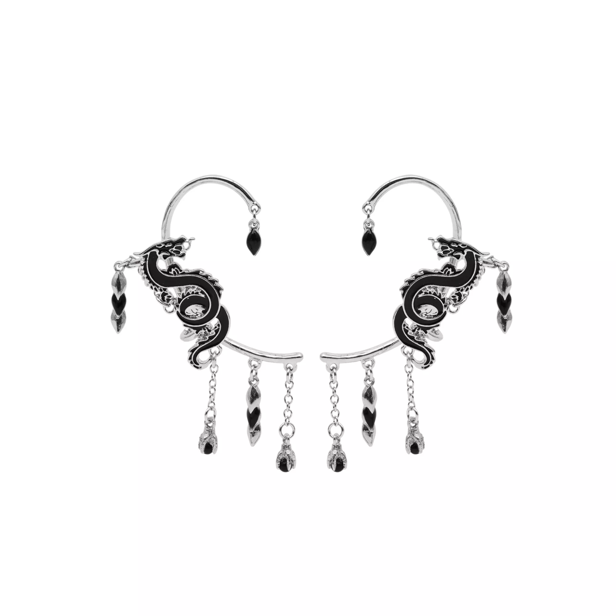 Black Dragon Silver-Tone Dangle Ear Cuffs