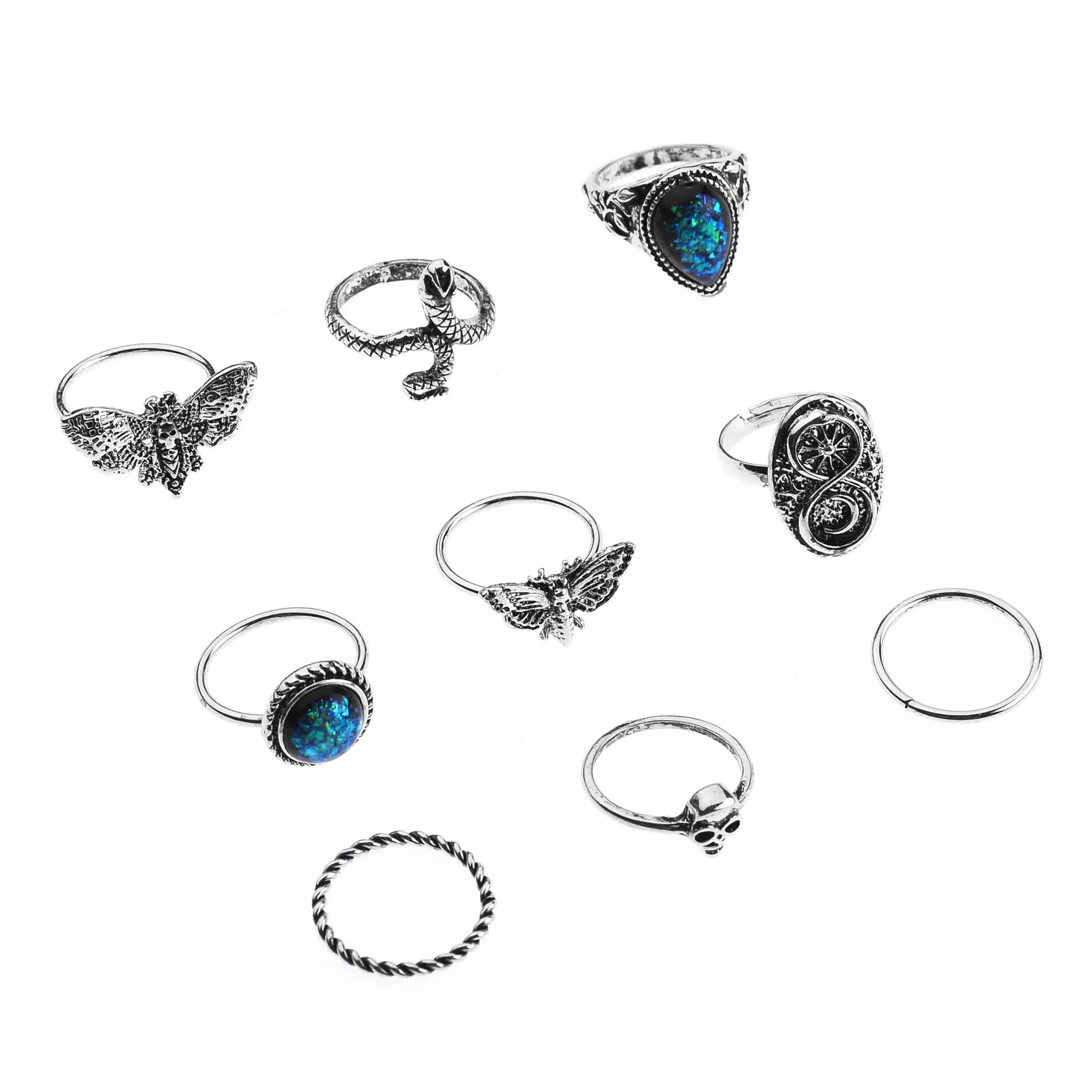 Multi-Pack Silver-Tone Moth, Moon and Snake Rings - 9 Pack