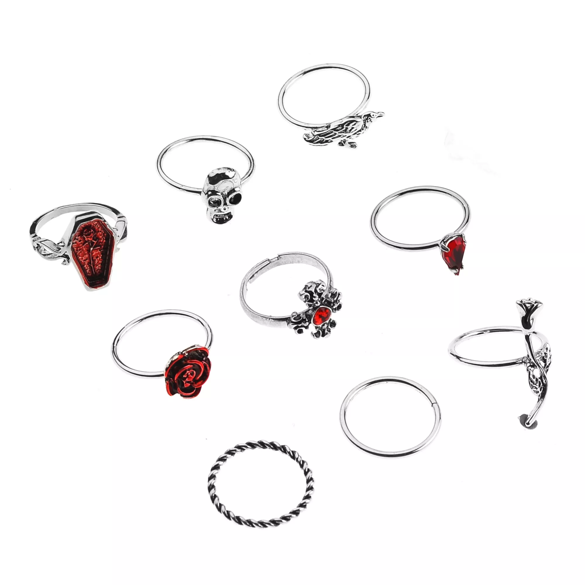 Multi-Pack Red Skull Coffin Rose Silver-Plated Rings - 9 Pack