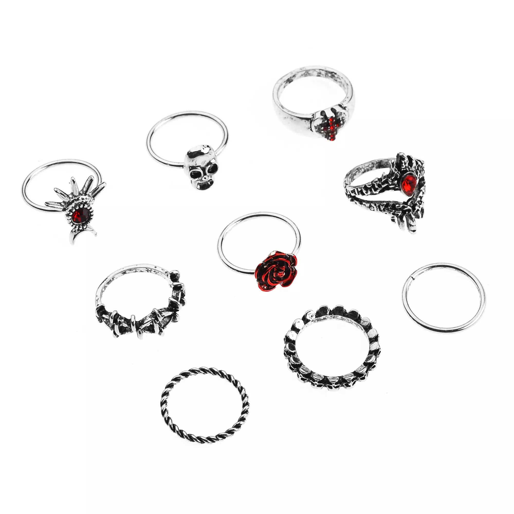 Multi-Pack Cross Rose Skull Red Silver-Plated Rings - 9 Pack