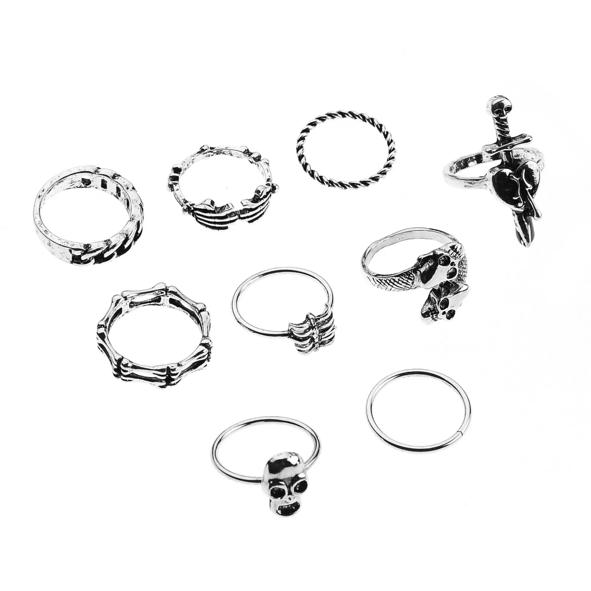 Multi-Pack Sword Heart Bones Silver-Plated Rings - 9 Pack