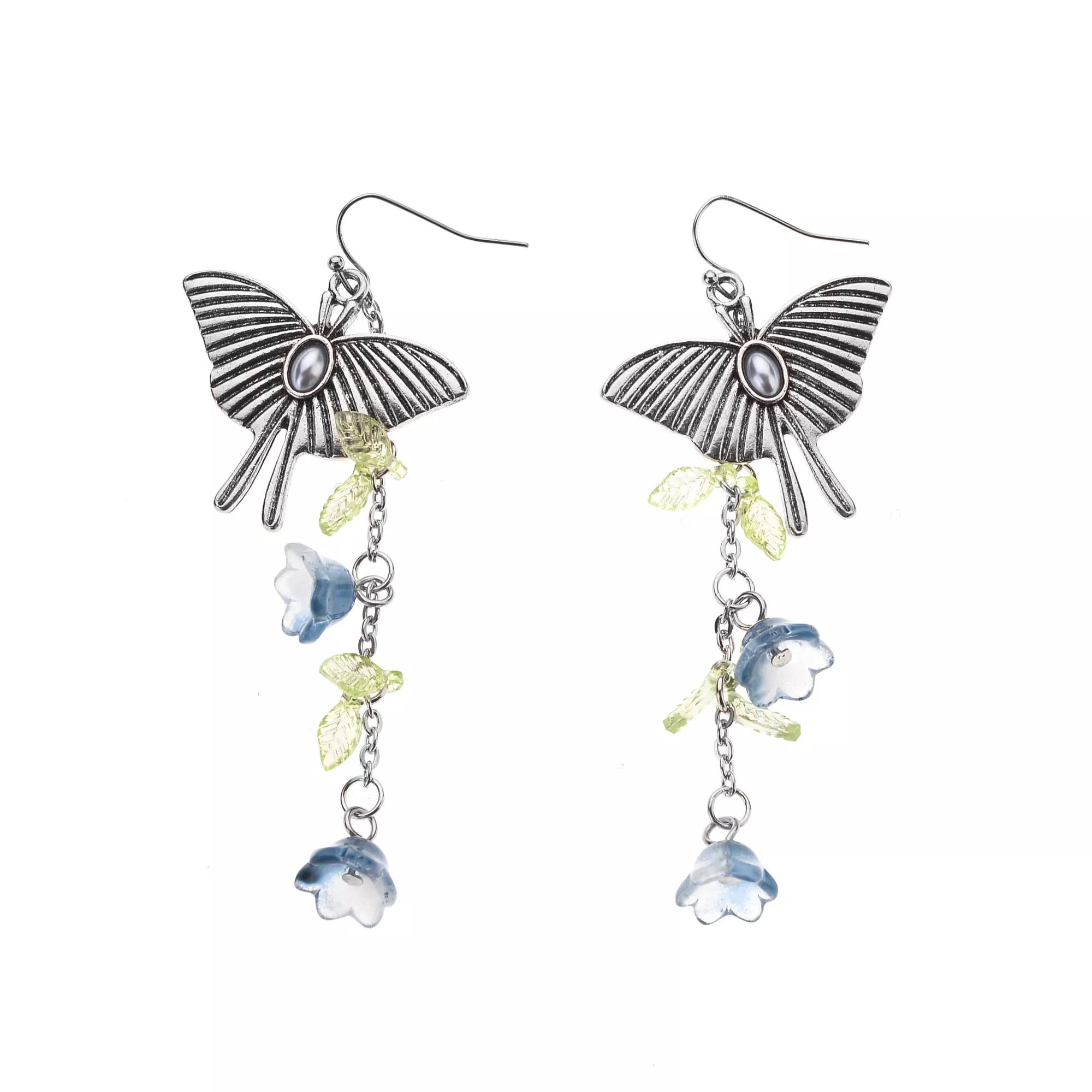 Moth and Flower Silver-Tone Dangle Earrings