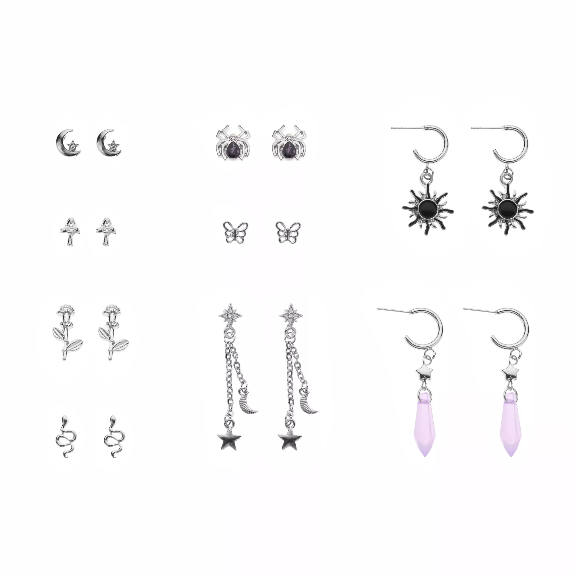 Multi-Pack Purple Crystal Sun Star Moon Earrings - 9 Pair