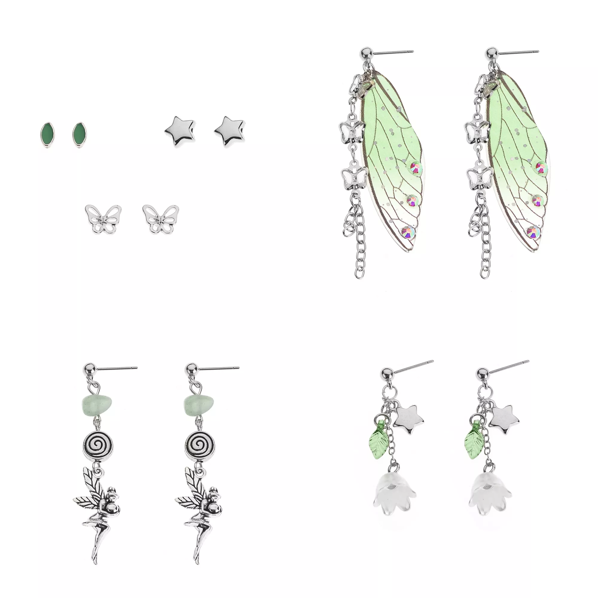 Multi-Pack Green Fairycore Stud and Dangle Earrings - 6 Pack
