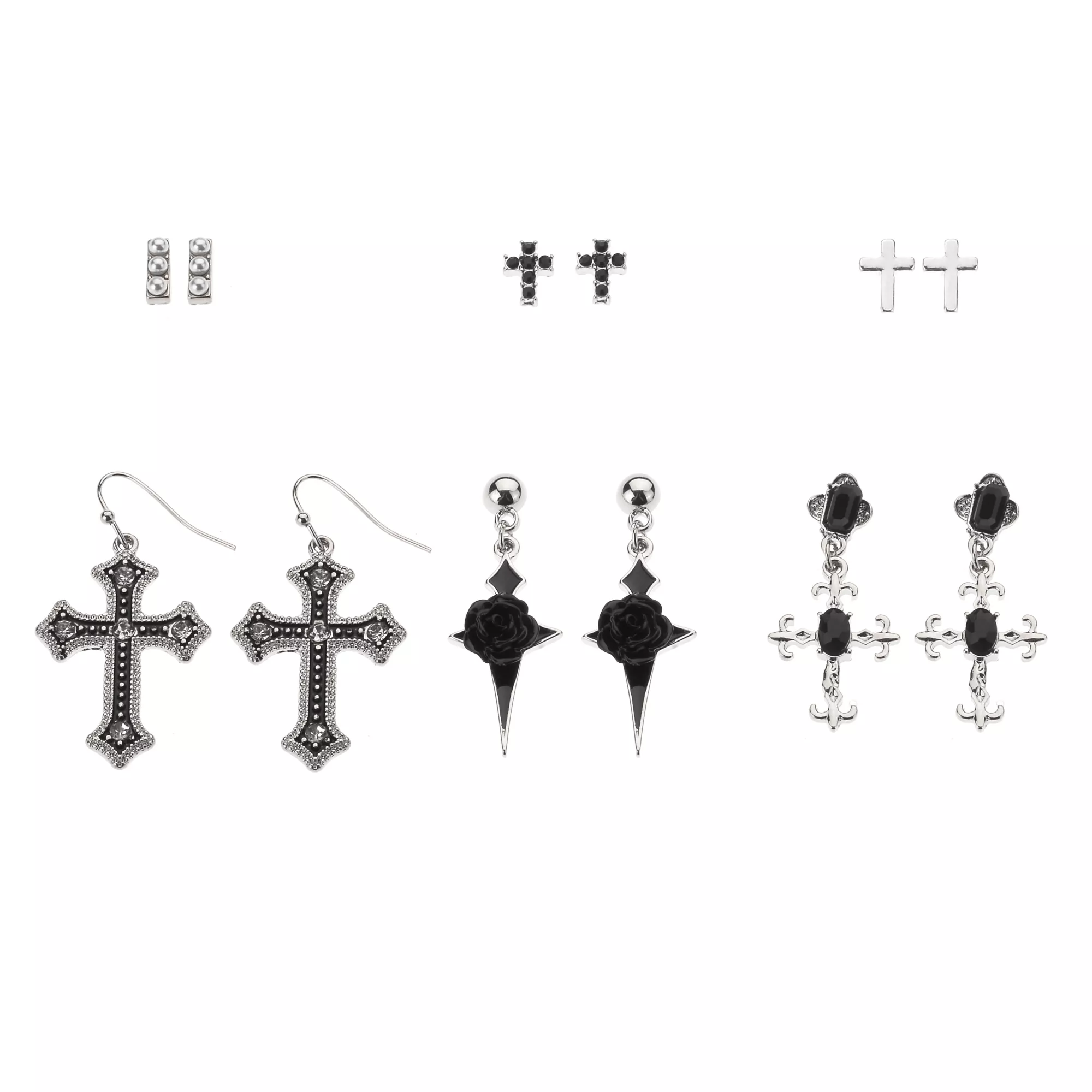 Multi-Pack Silver-Toned Gothic Cross, Rose, and Crystal Earrings - 6 Pair