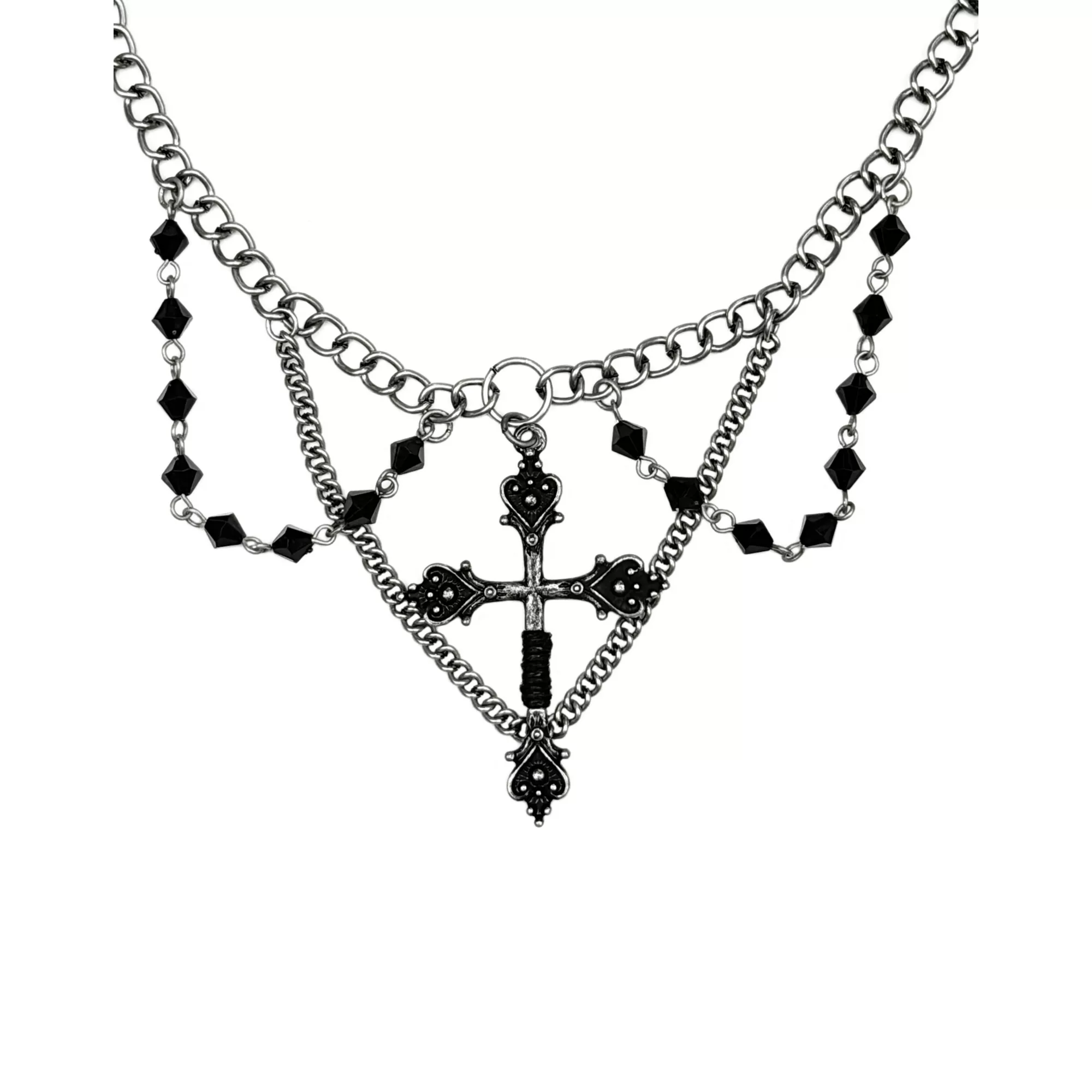 Antique Black Beaded Cross Choker Necklace