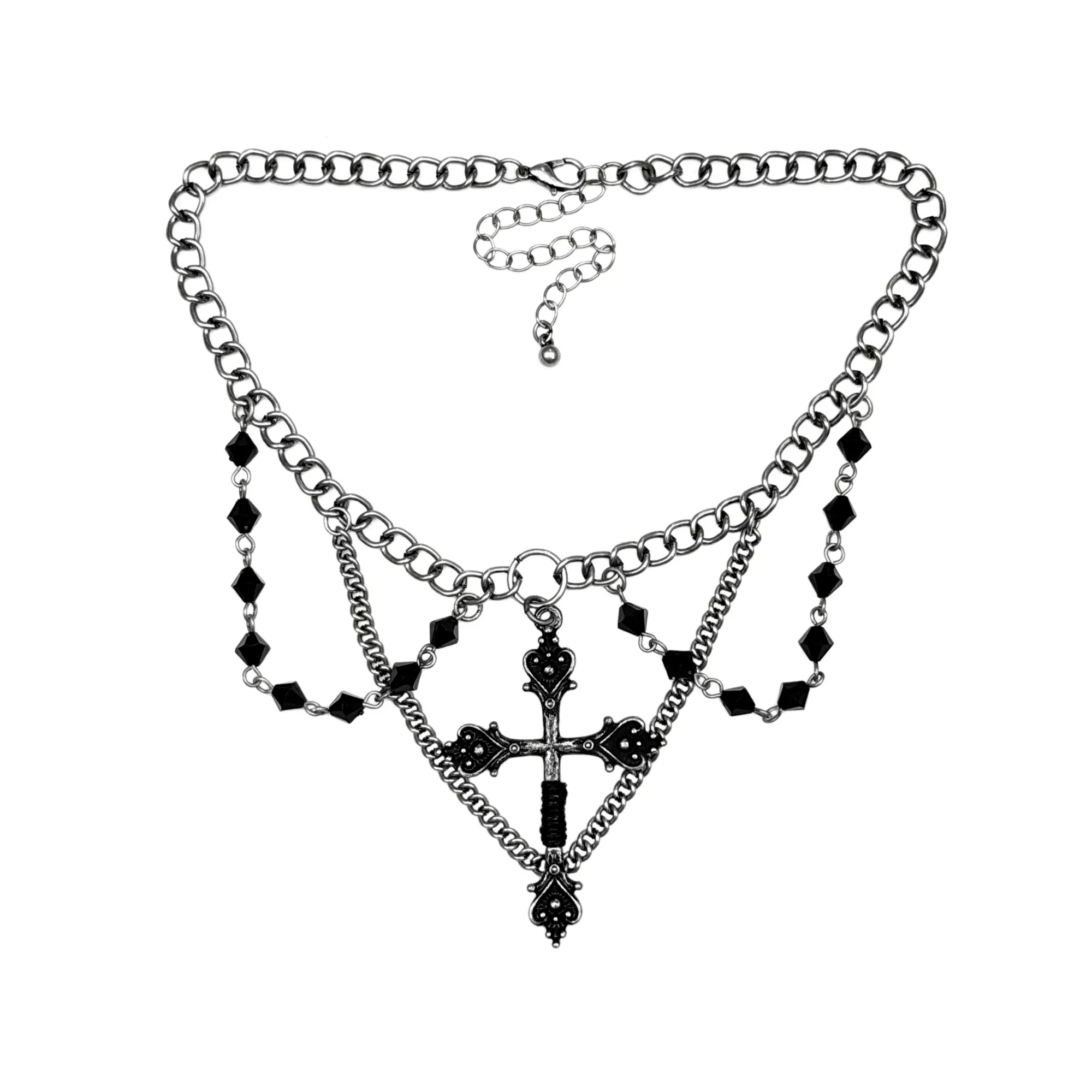 Antique Black Beaded Cross Choker Necklace