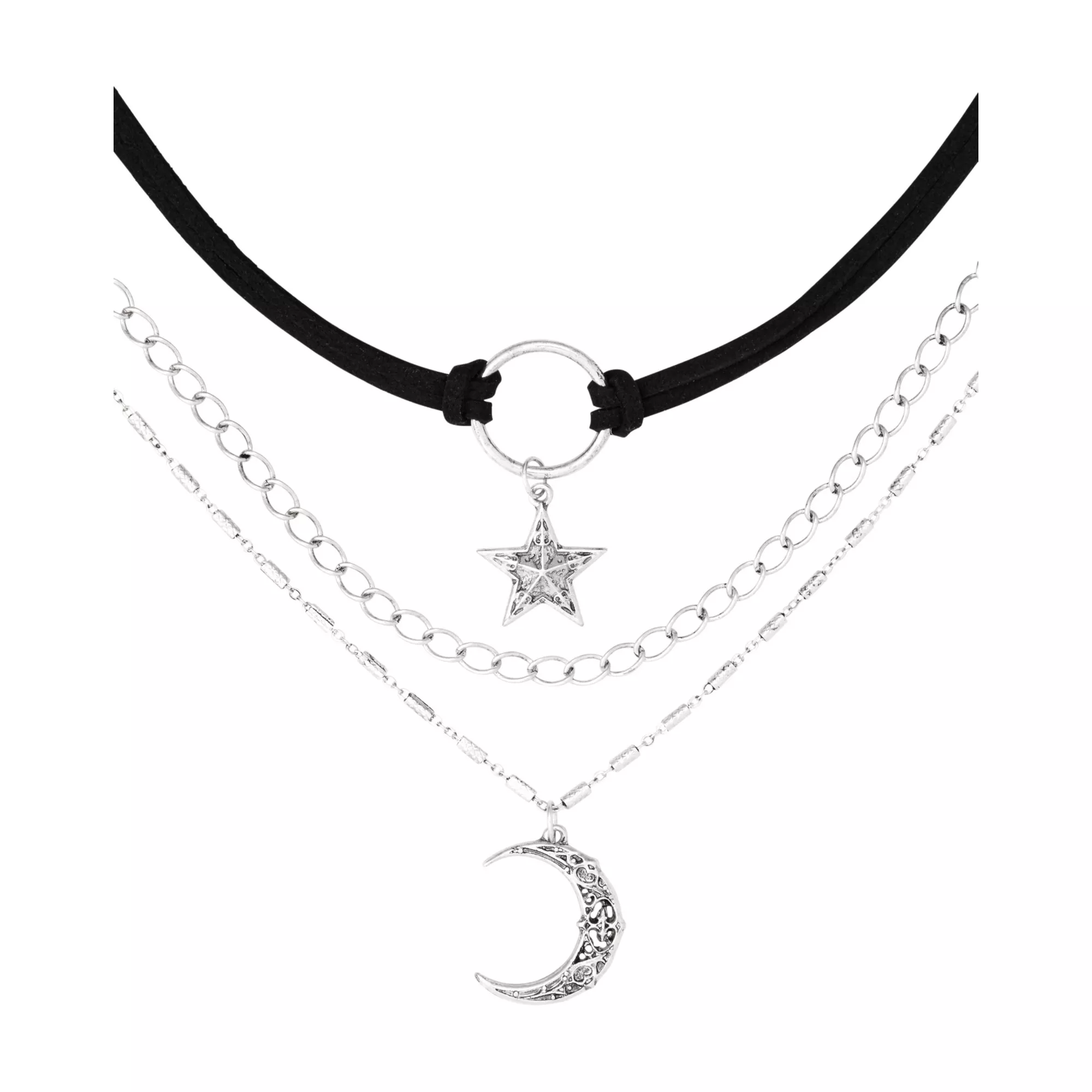 Star Moon Silver-Plated 3-Row Chain Choker Necklace