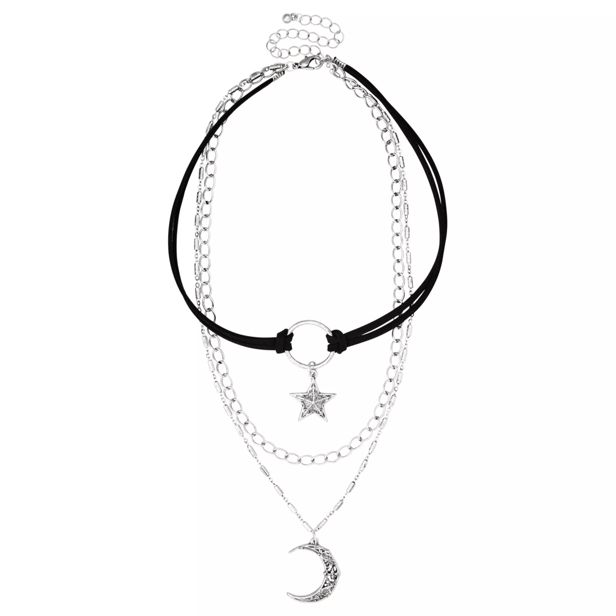 Star Moon Silver-Plated 3-Row Chain Choker Necklace