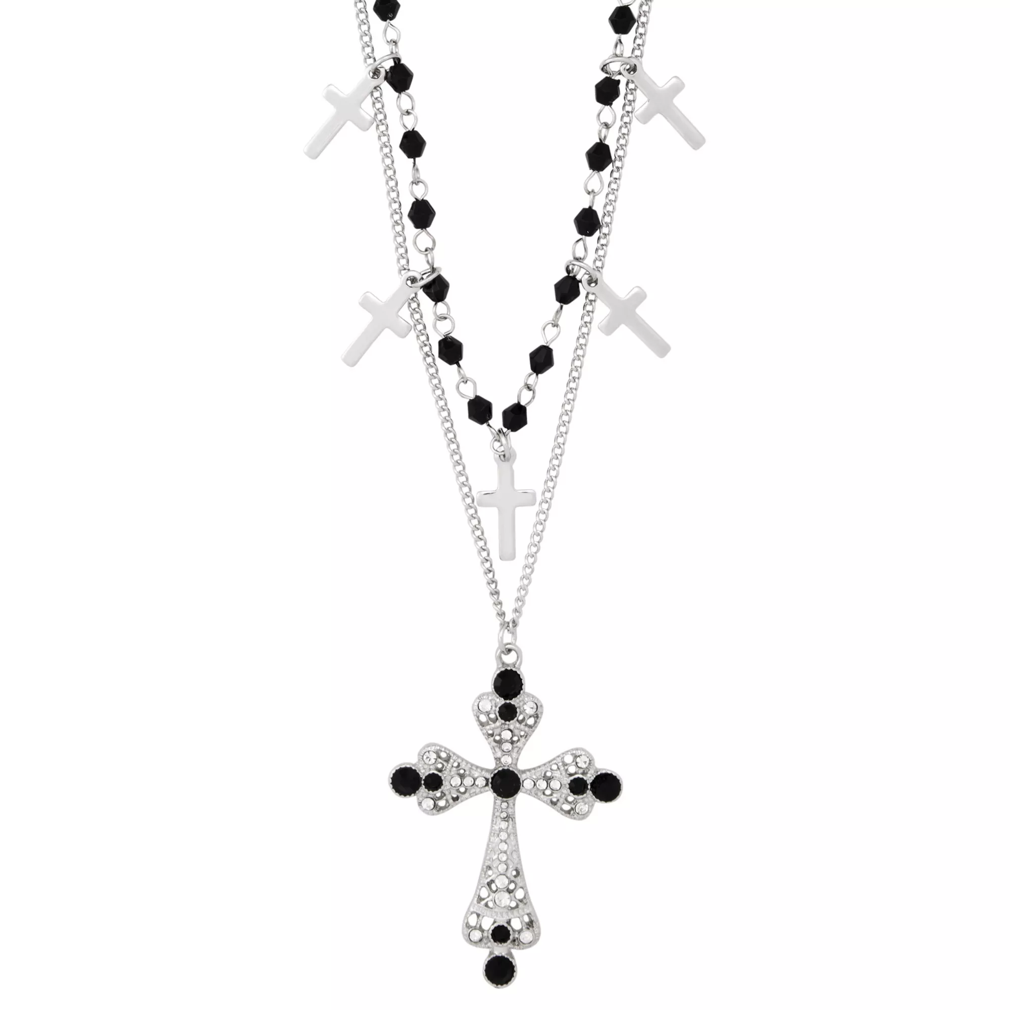 Black Beaded Cross Layered Necklace