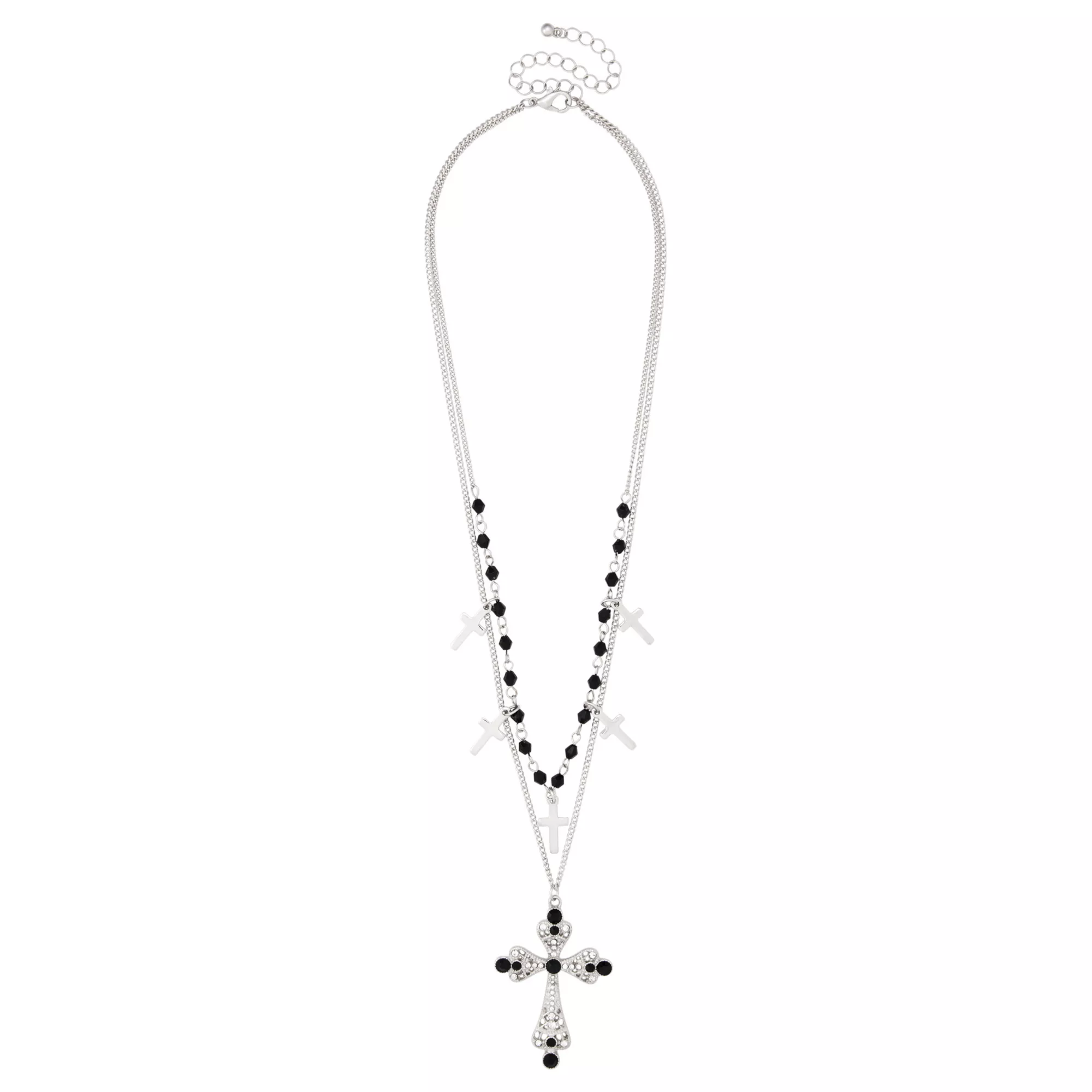 Black Beaded Cross Layered Necklace