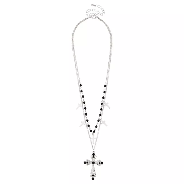 Black Beaded Cross Layered Necklace at Spencer's