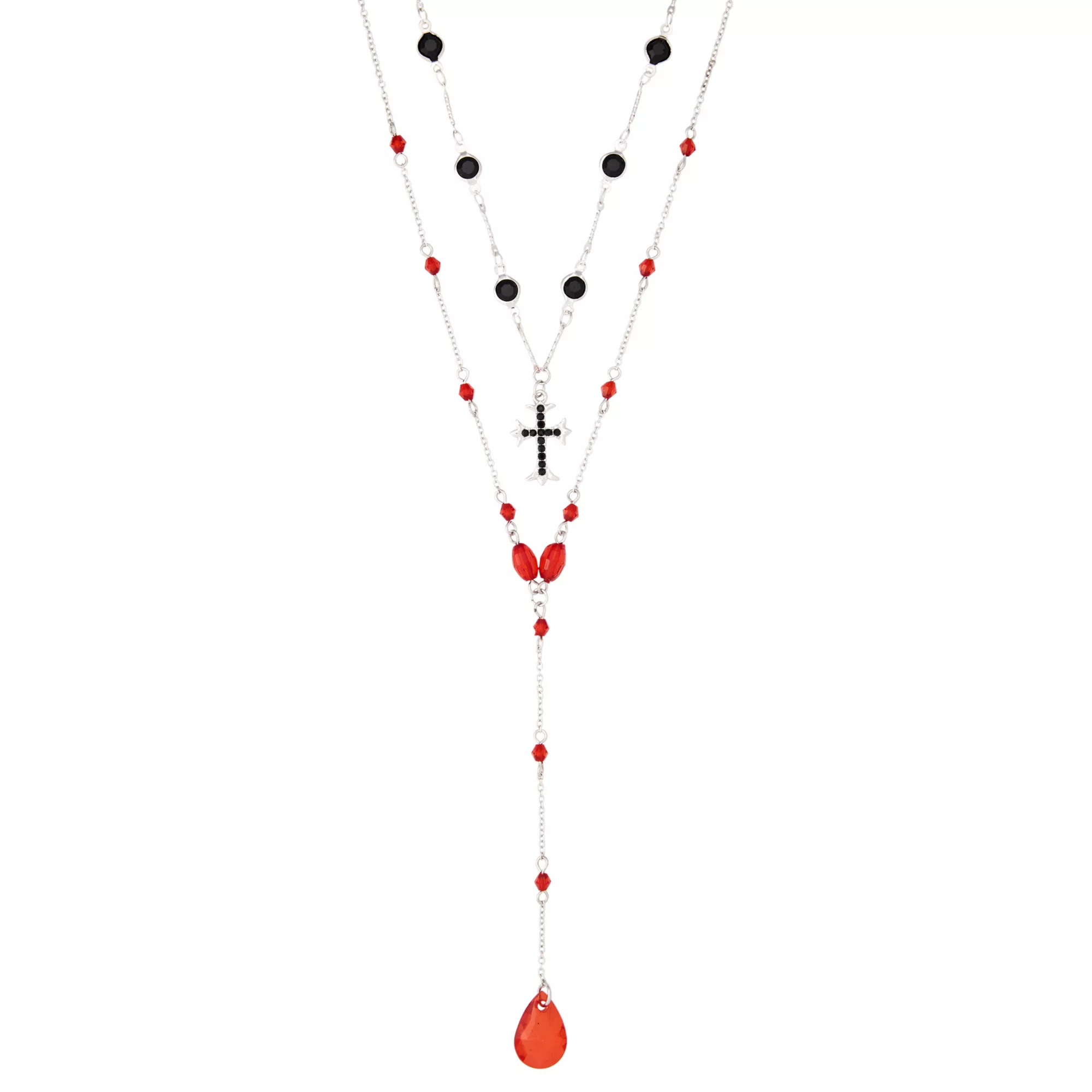 Black and Red Drip Cross Rosary Chain Necklace