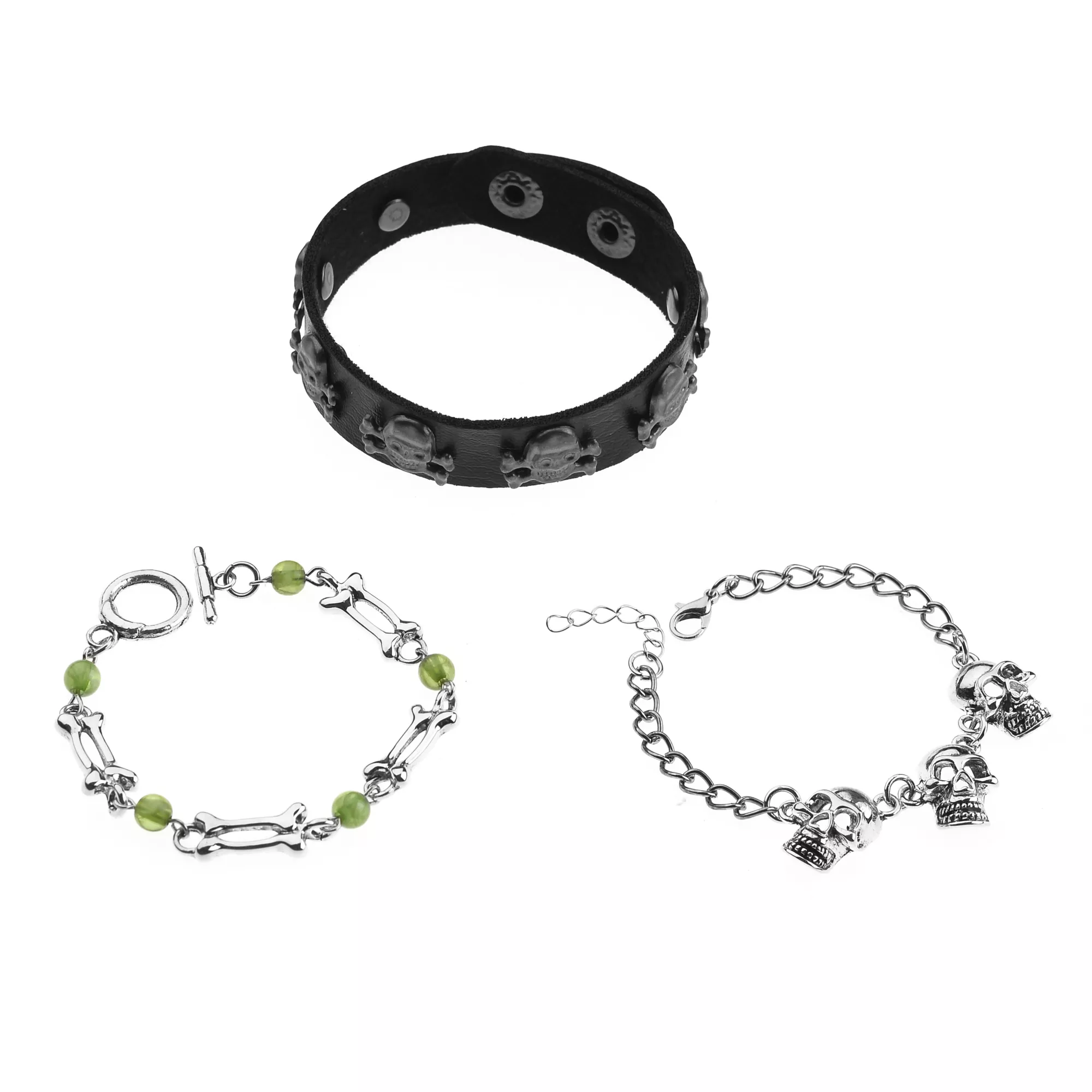 Multi-Pack Black and Silver-Tone Skull Bracelets - 3 Pack