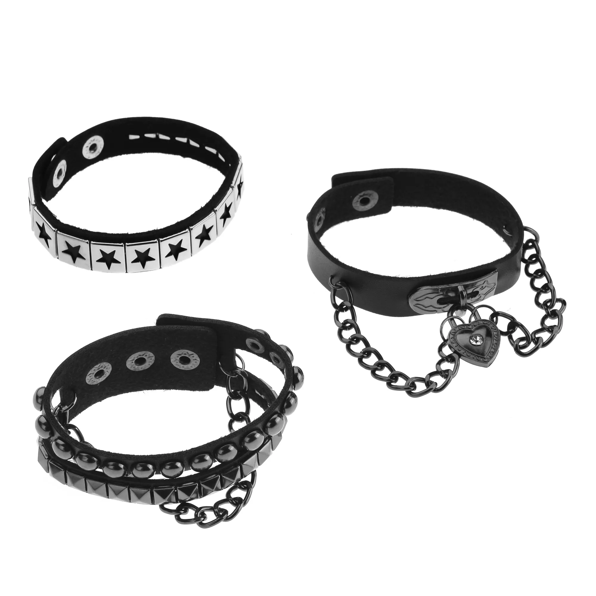 Star and Heart Lock Cuff Bracelets - 3 Pack