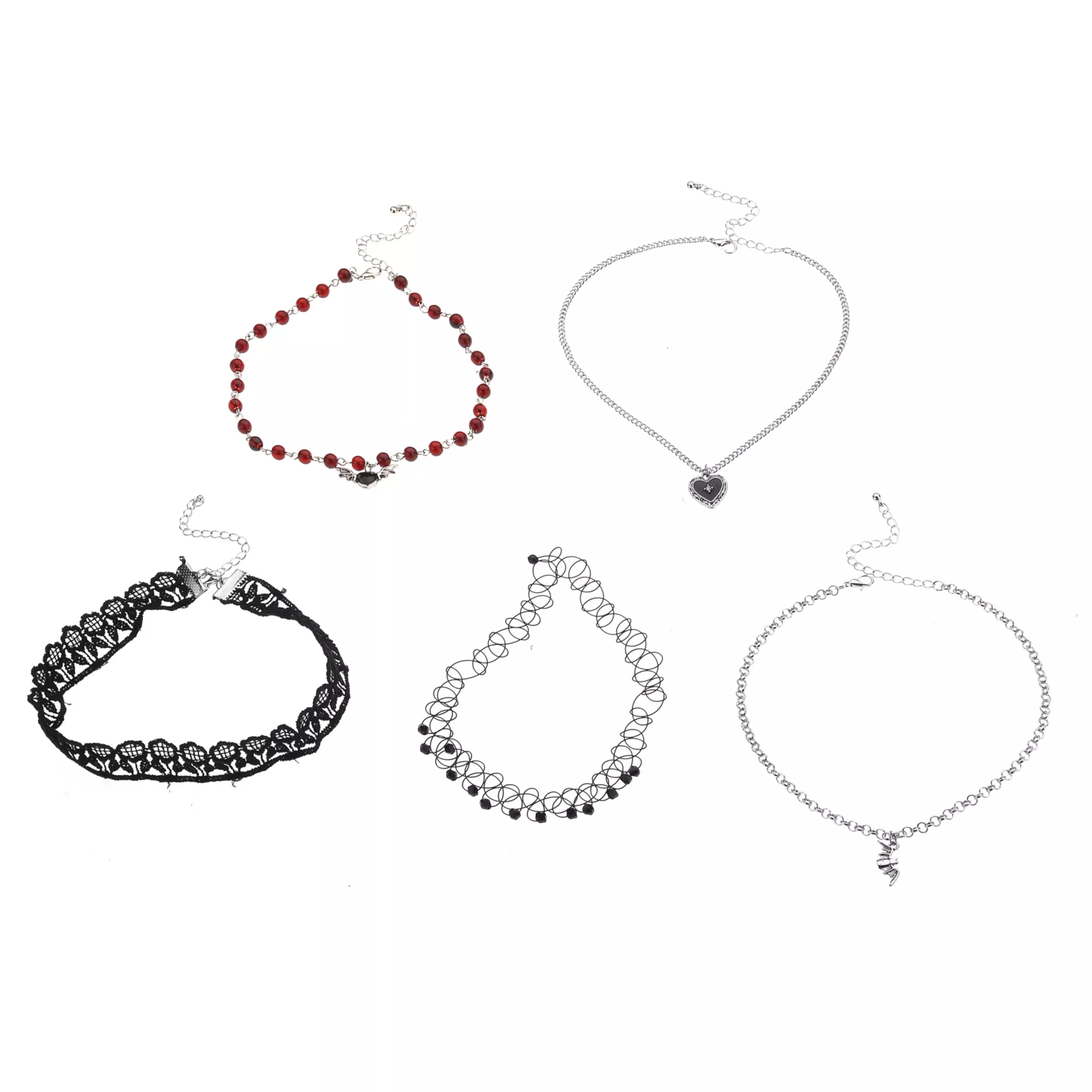 Multi-Pack Bat and Heart Choker Necklaces - 5 Pack