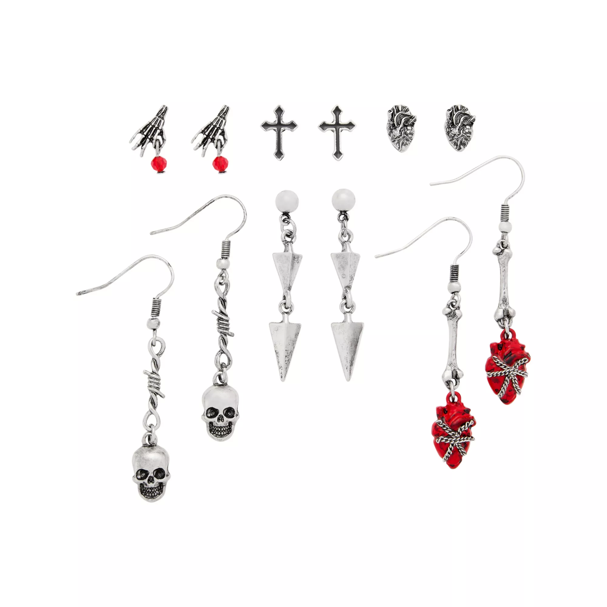 Multi-Pack Heart, Bone and Skull Earring Set - 6 Pack