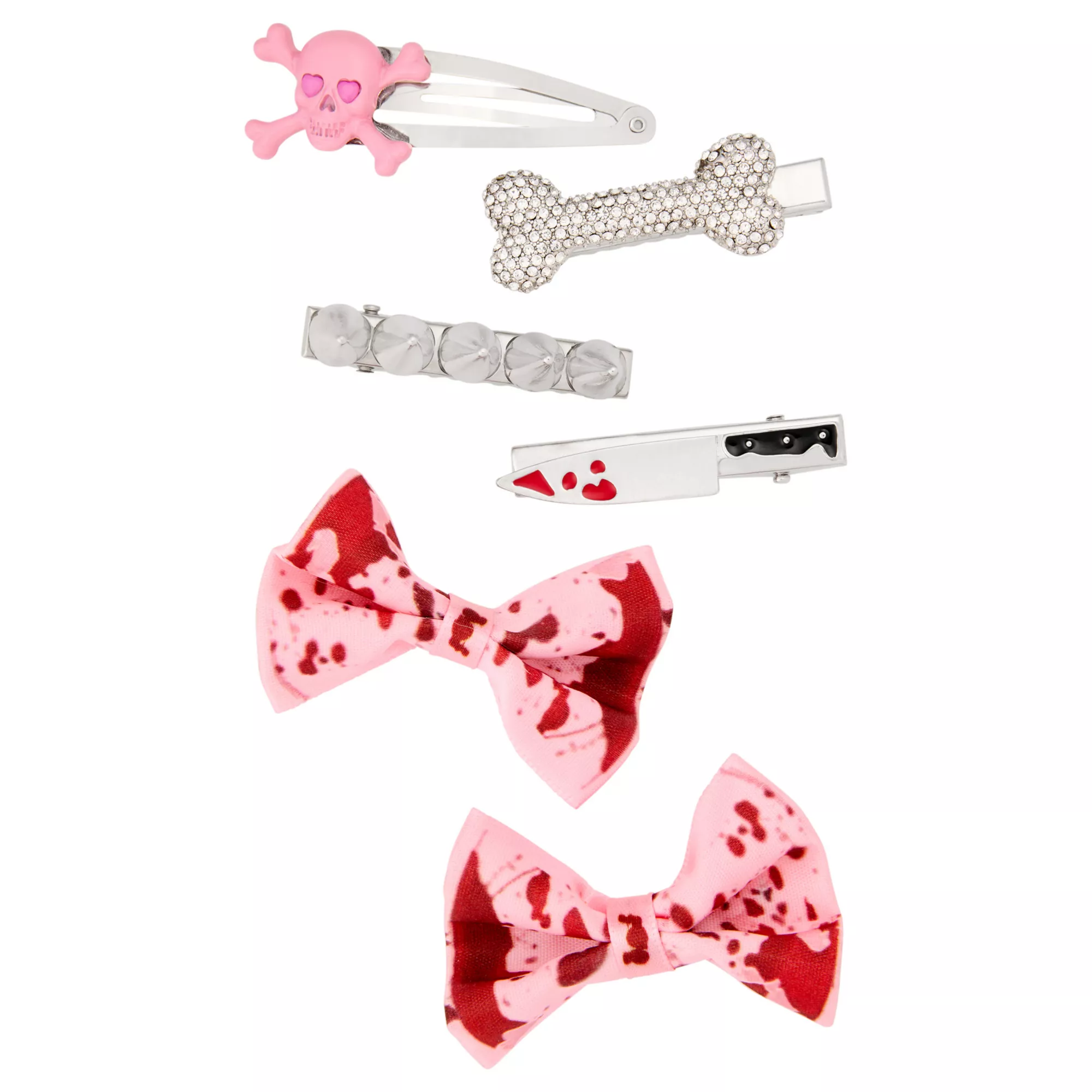 Multi-Pack Skull, Bone and Bow Hair Clips Set - 6 Pack