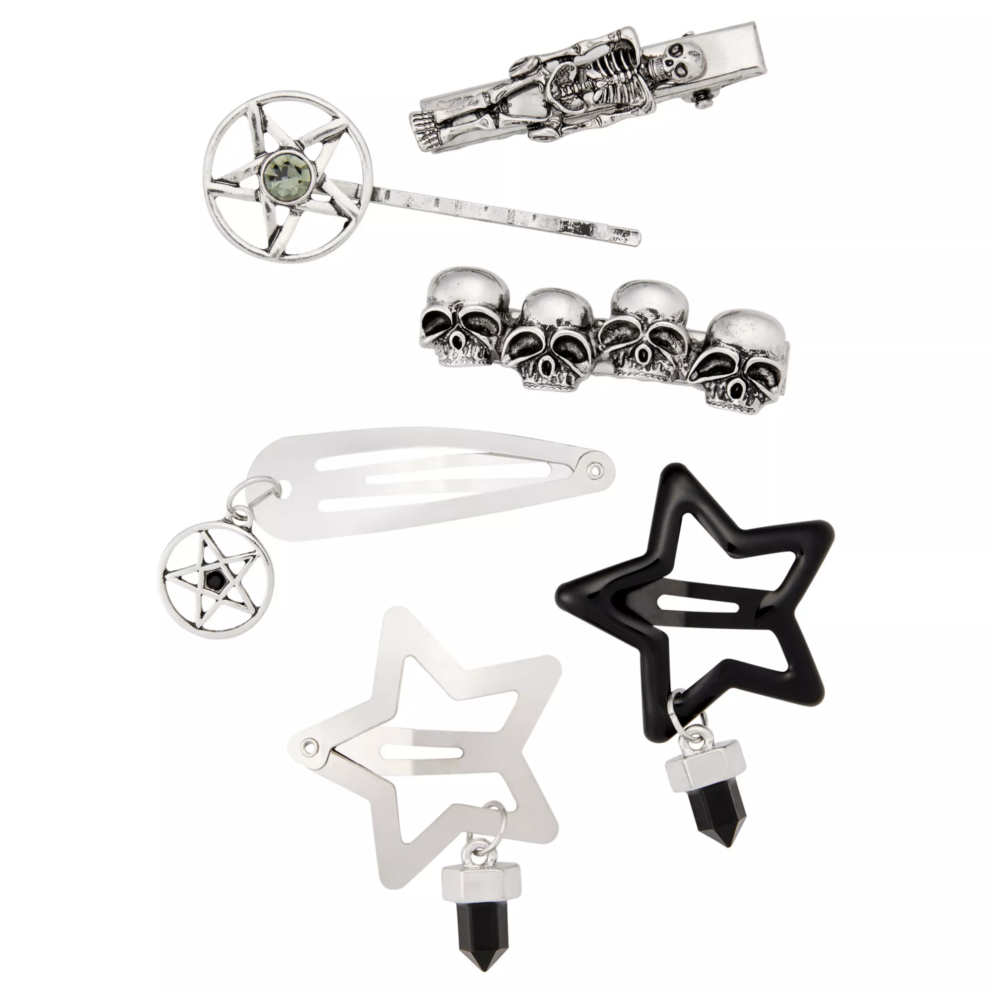 Multi-Pack Star, Pentagram and Skull Hair Clip Set - 6 Pack