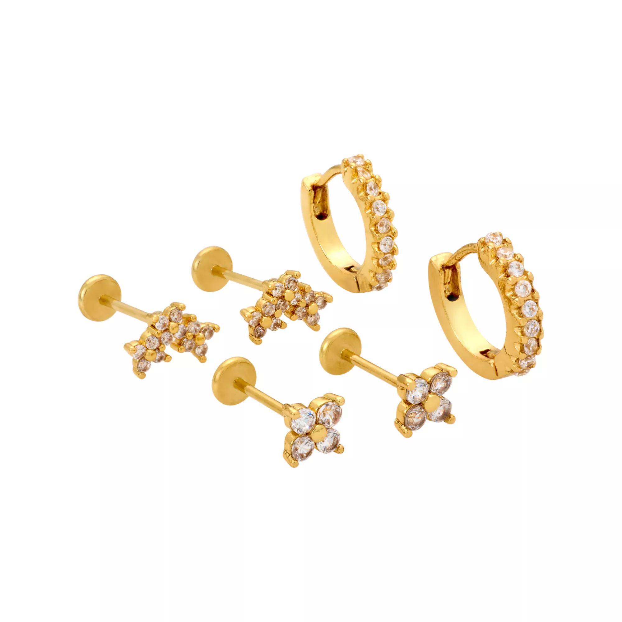 Multi-Pack CZ Triple Flower 14K Gold-Plated Cartilage Earrings 6 Pack - 20 Gauge