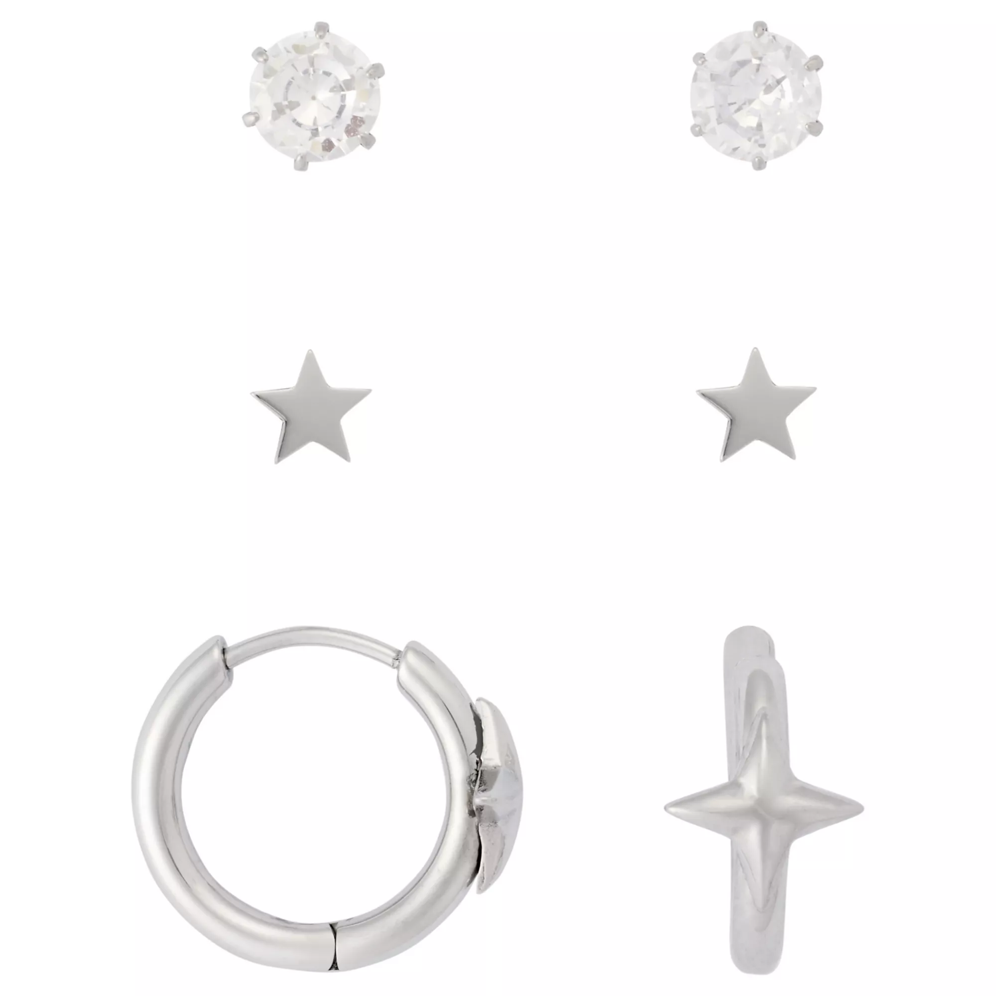 Multi-Pack CZ Star Huggie Hoop and Stud Earrings 3 Pair – 20 Gauge