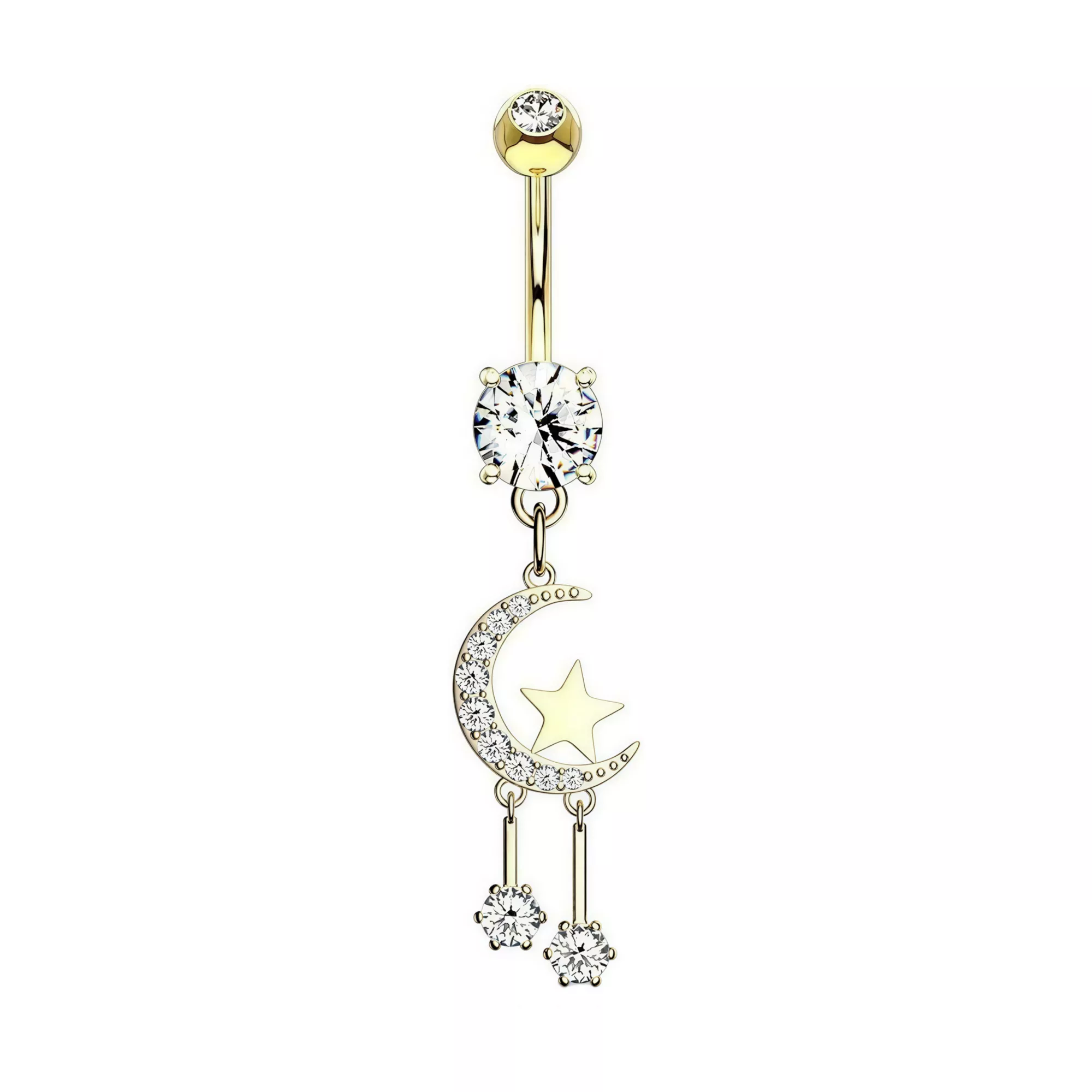 CZ Moon Star Gold-Plated Titanium Dangle Belly Ring - 14 Gauge at Spencer's