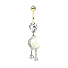 CZ Moon Star Gold-Plated Titanium Dangle Belly Ring - 14 Gauge at Spencer's