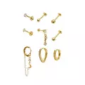 Multi-Pack CZ Gold-Tone Assorted Moon Chain Labret Studs and Dangle Hoops 9 Pack - 18 Gauge at Spencer's