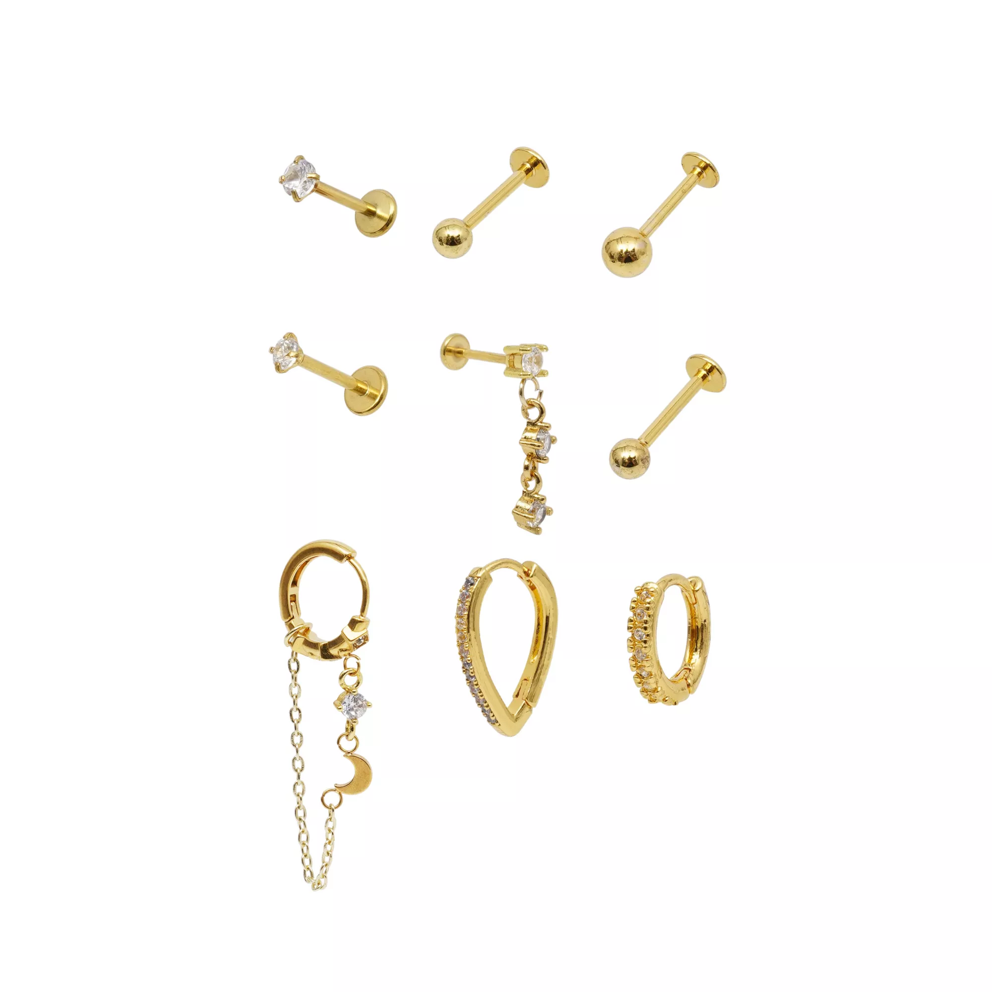 Multi-Pack CZ Gold-Tone Assorted Moon Chain Labret Studs and Dangle Hoops 9 Pack - 18 Gauge at Spencer's