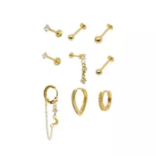 Multi-Pack CZ Gold-Tone Assorted Moon Chain Labret Studs and Dangle Hoops 9 Pack - 18 Gauge at Spencer's