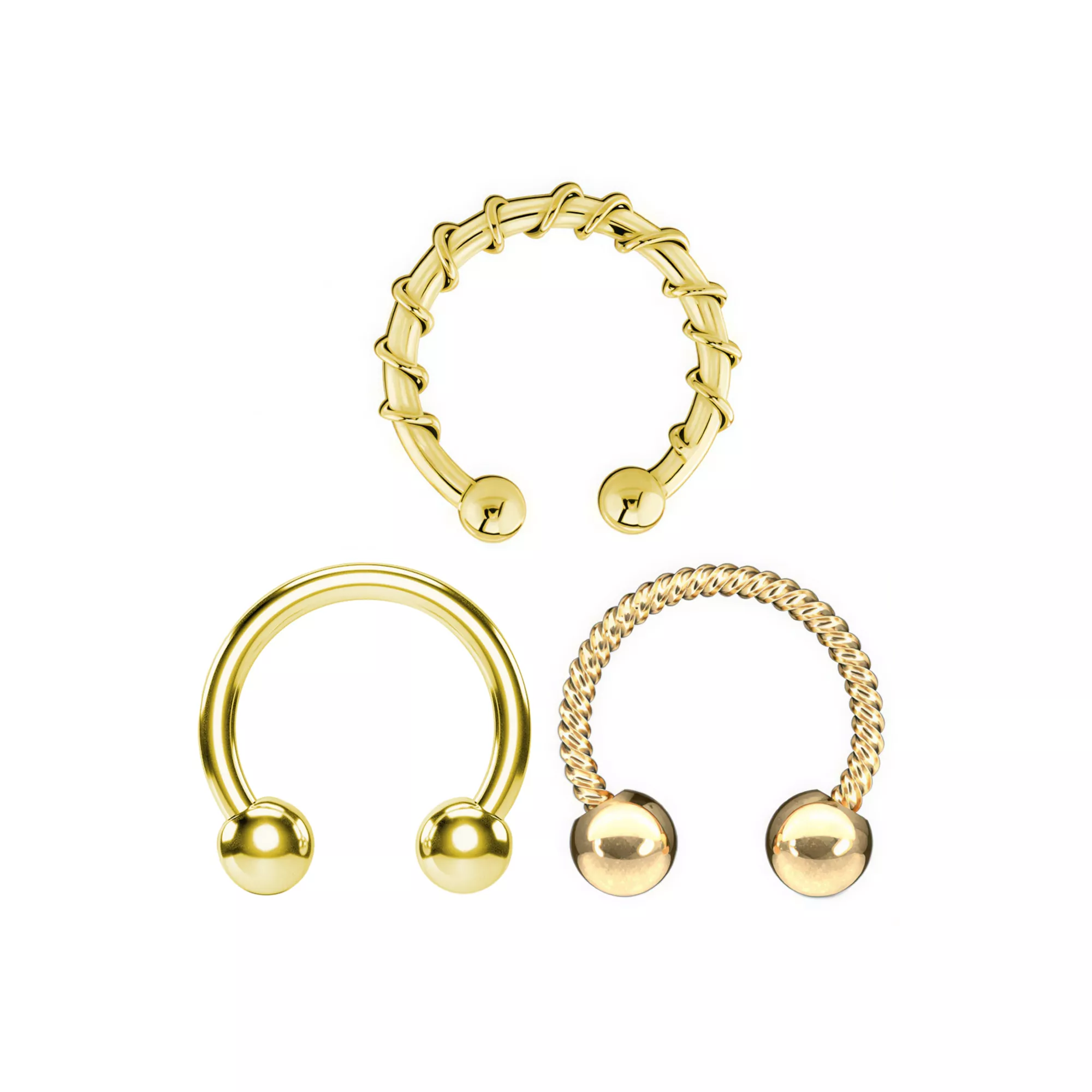 Twisted Gold-Tone Fake Horseshoe Septum Rings - 3 Pack