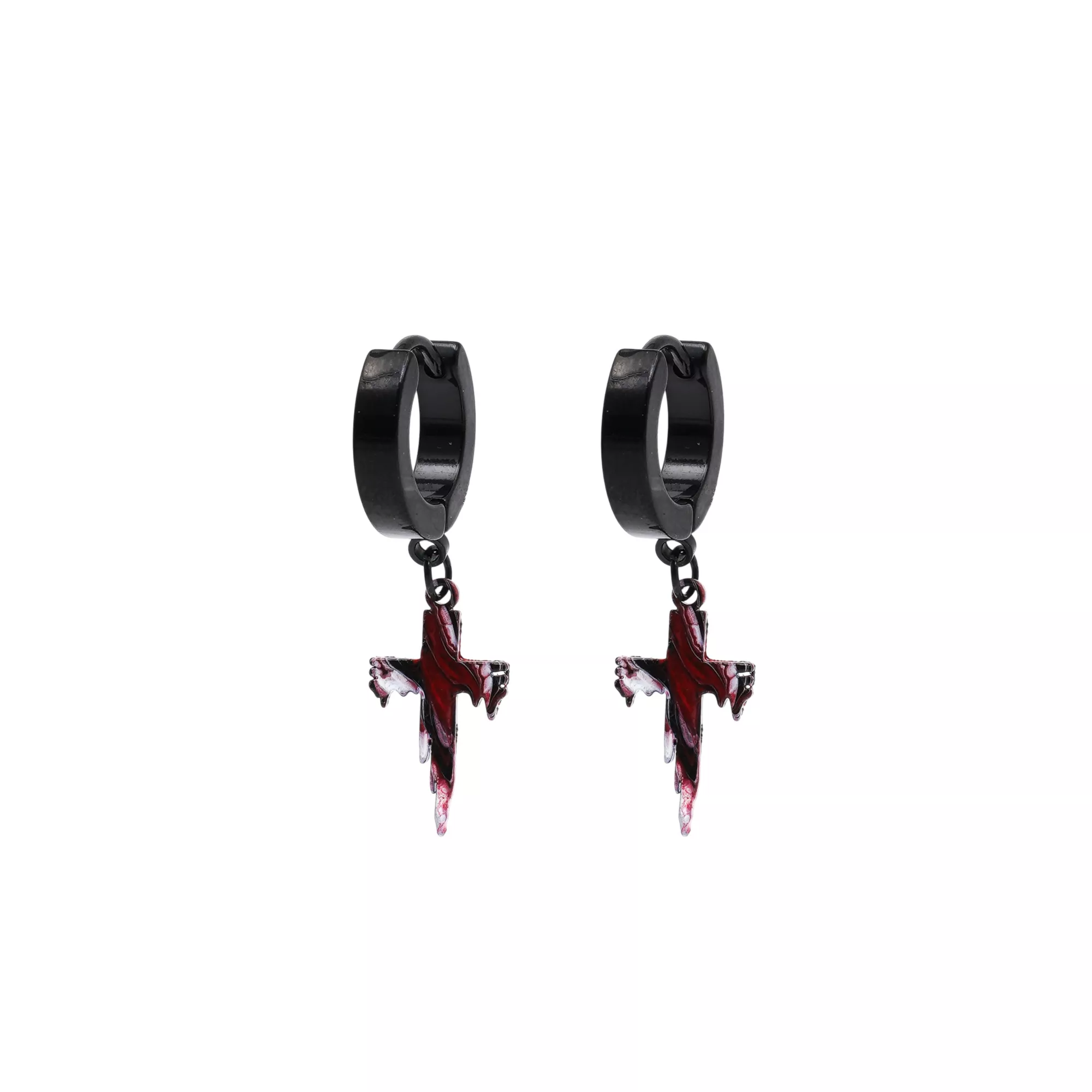 Black and Red Drip Cross Huggie Hoop Earrings - 18 Gauge