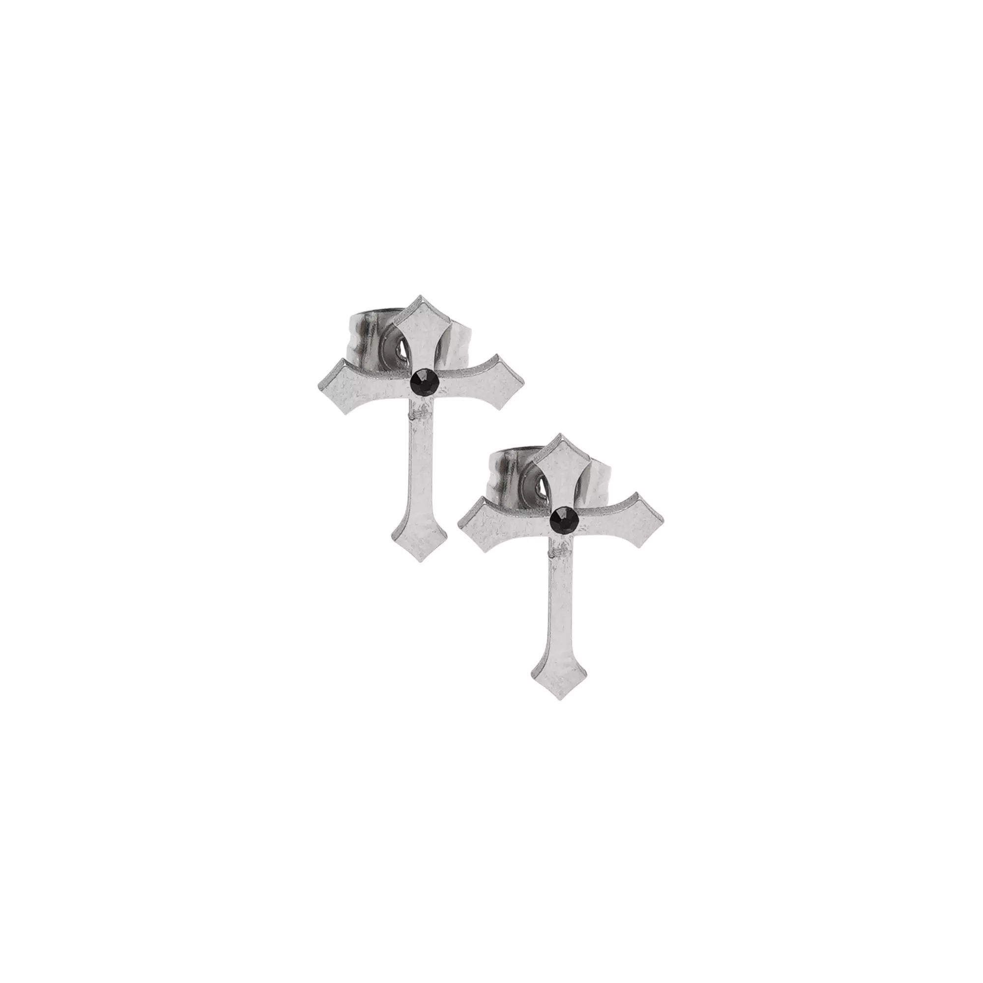 Gothic Cross Silver-Tone Stud Earrings - 18 Gauge