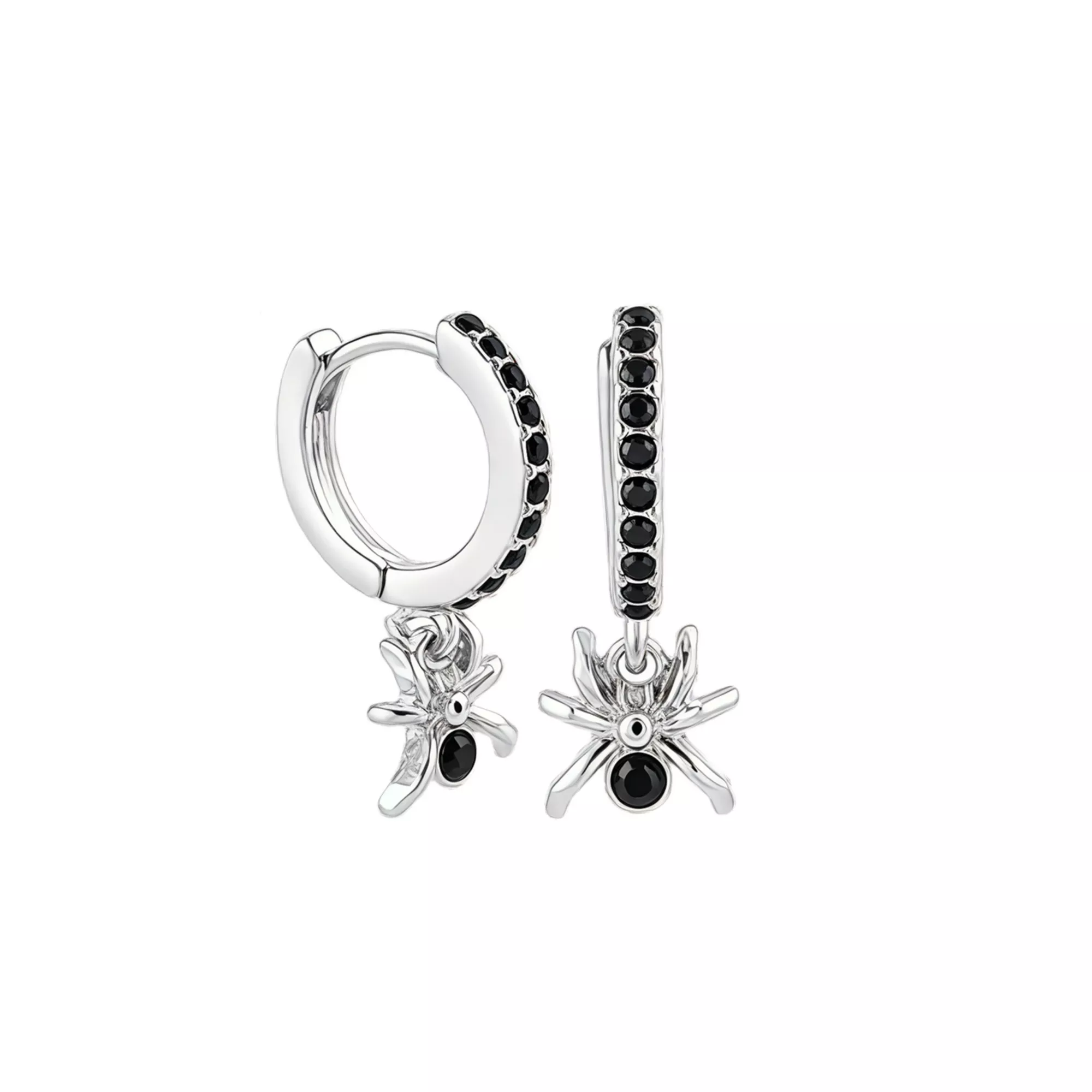 Black CZ Spider Silver-Tone Huggie Hoop Earrings - 18 Gauge
