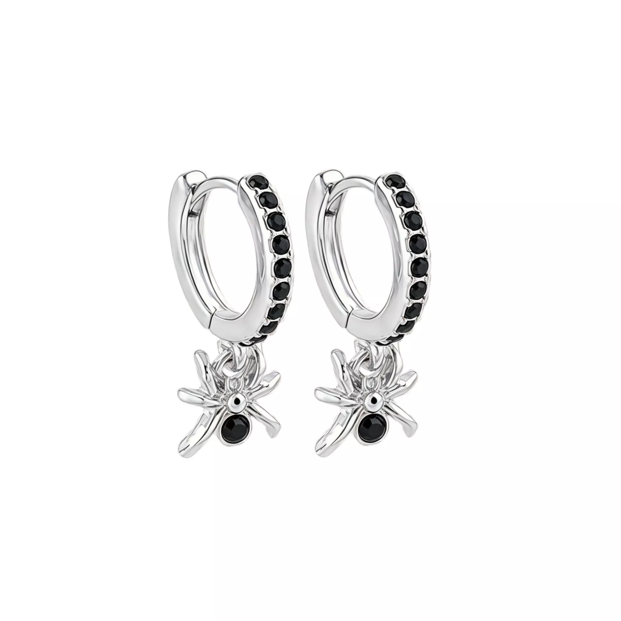 Black CZ Spider Silver-Tone Huggie Hoop Earrings - 18 Gauge