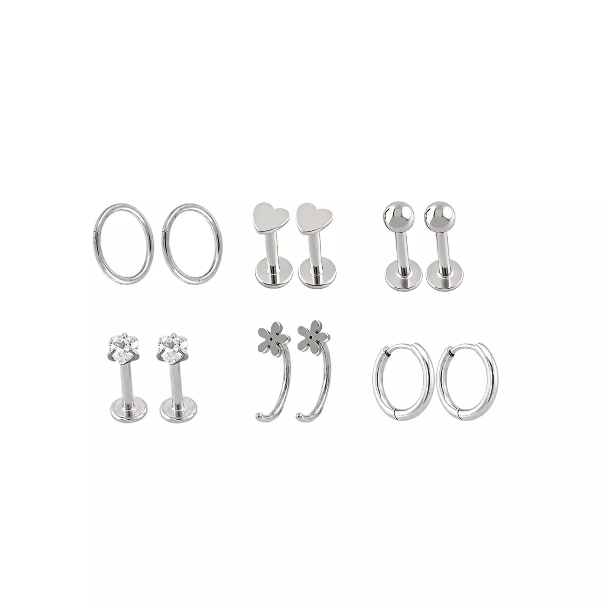 Multi-Pack CZ Silver-Tone Flower Piercings 12 Pack - 16 and 20 Gauge