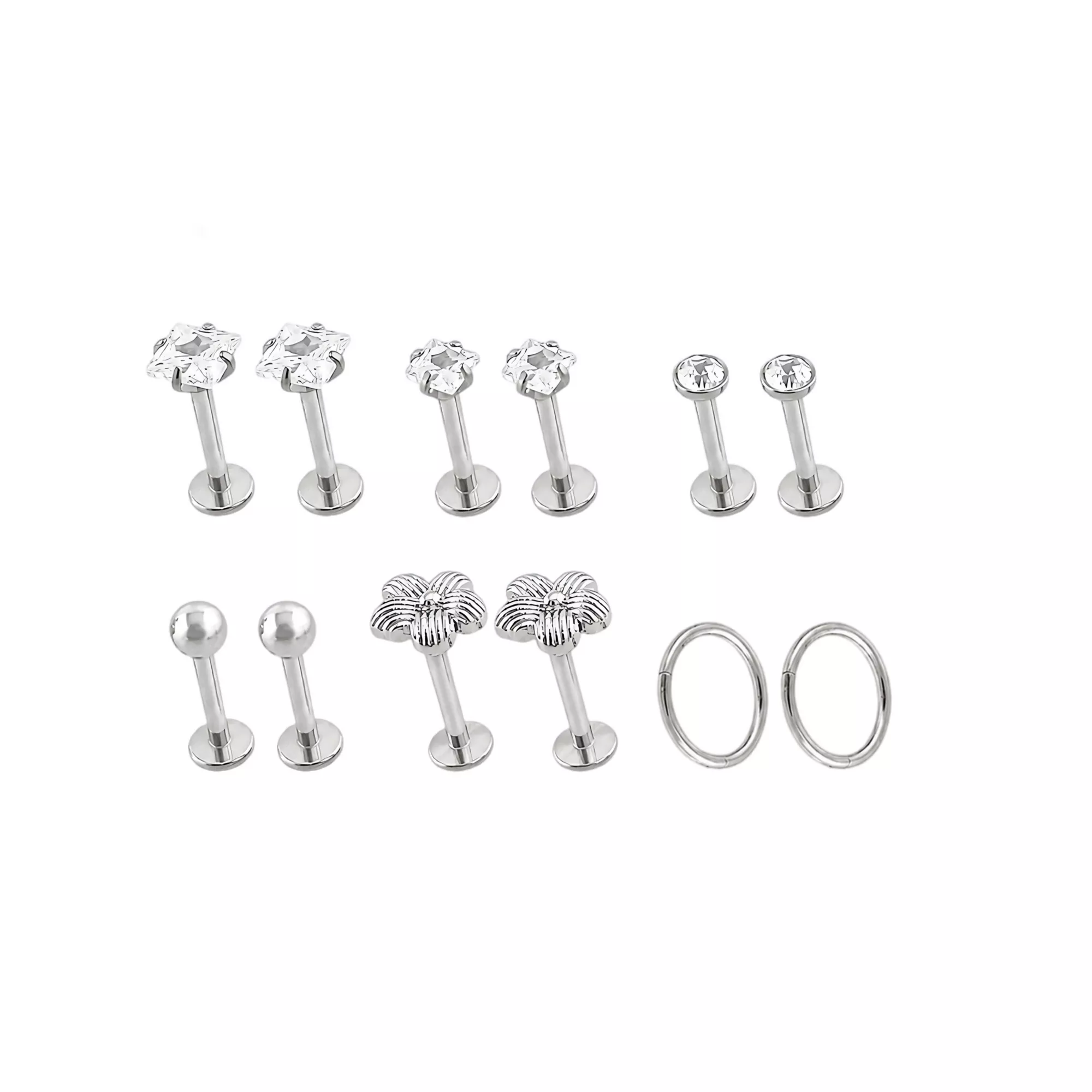 Multi-Pack CZ Silver-Tone Flower Ear Party 12 Pack - 16 and 20 Gauge