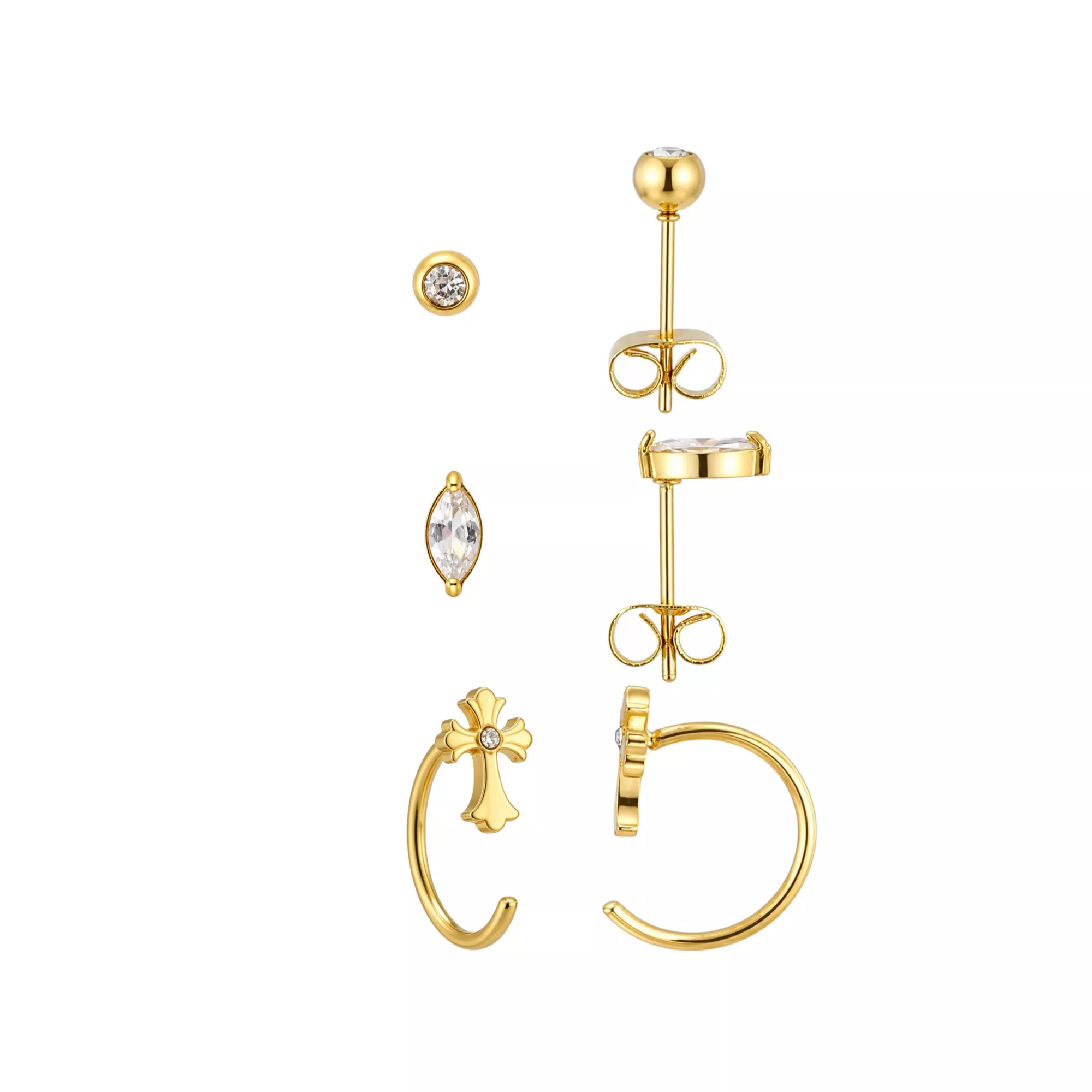 Multi-Pack CZ Gold-Tone Cross Huggie Hoop and Marquise Stud Earrings 3 Pack - 20 Gauge
