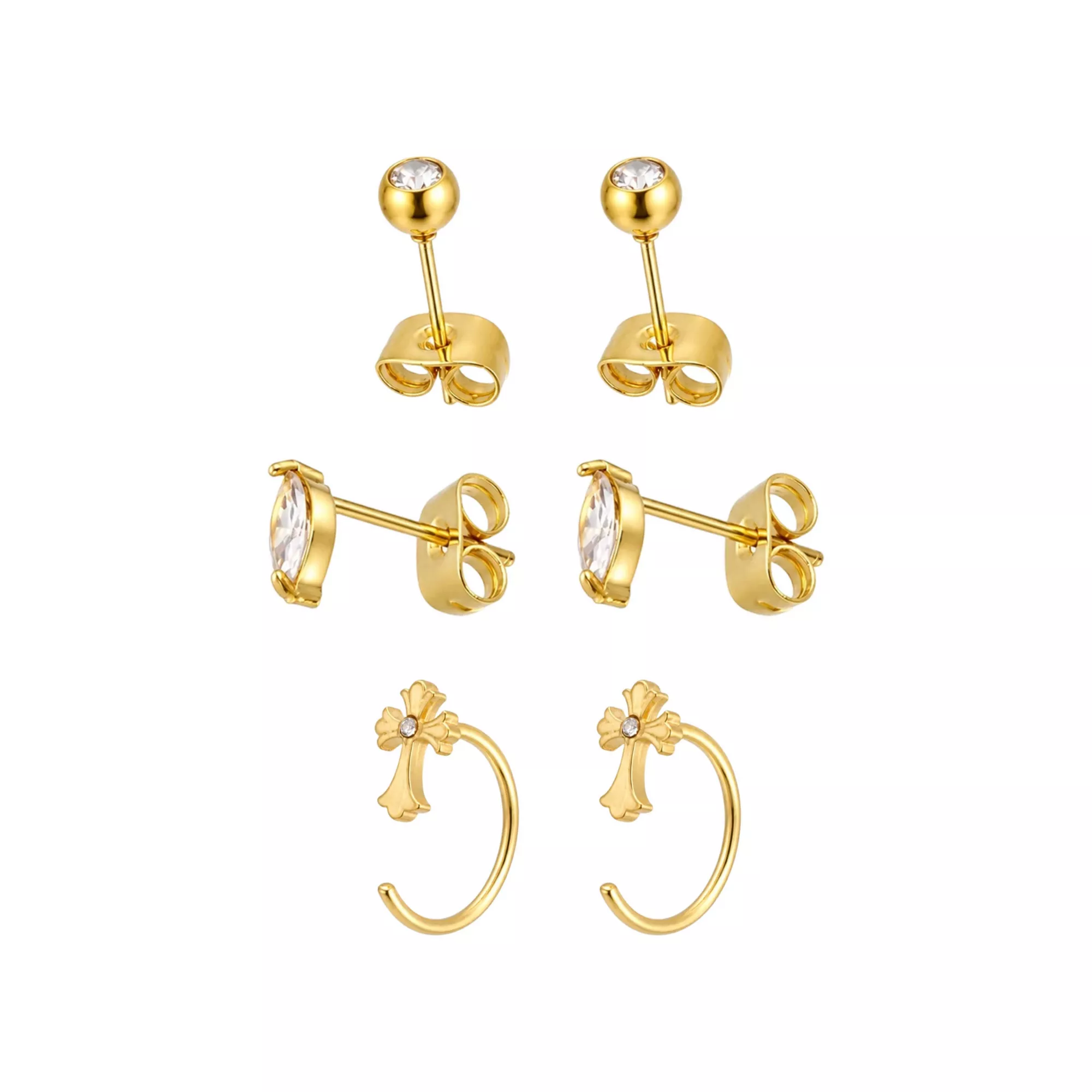 Multi-Pack CZ Gold-Tone Cross Huggie Hoop and Marquise Stud Earrings 3 Pack - 20 Gauge