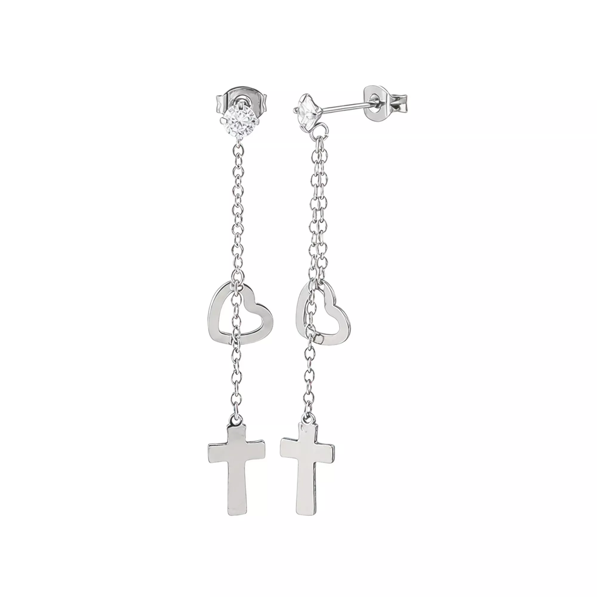 CZ Silver-Tone Heart and Cross Chain Dangle Earrings - 20 Gauge