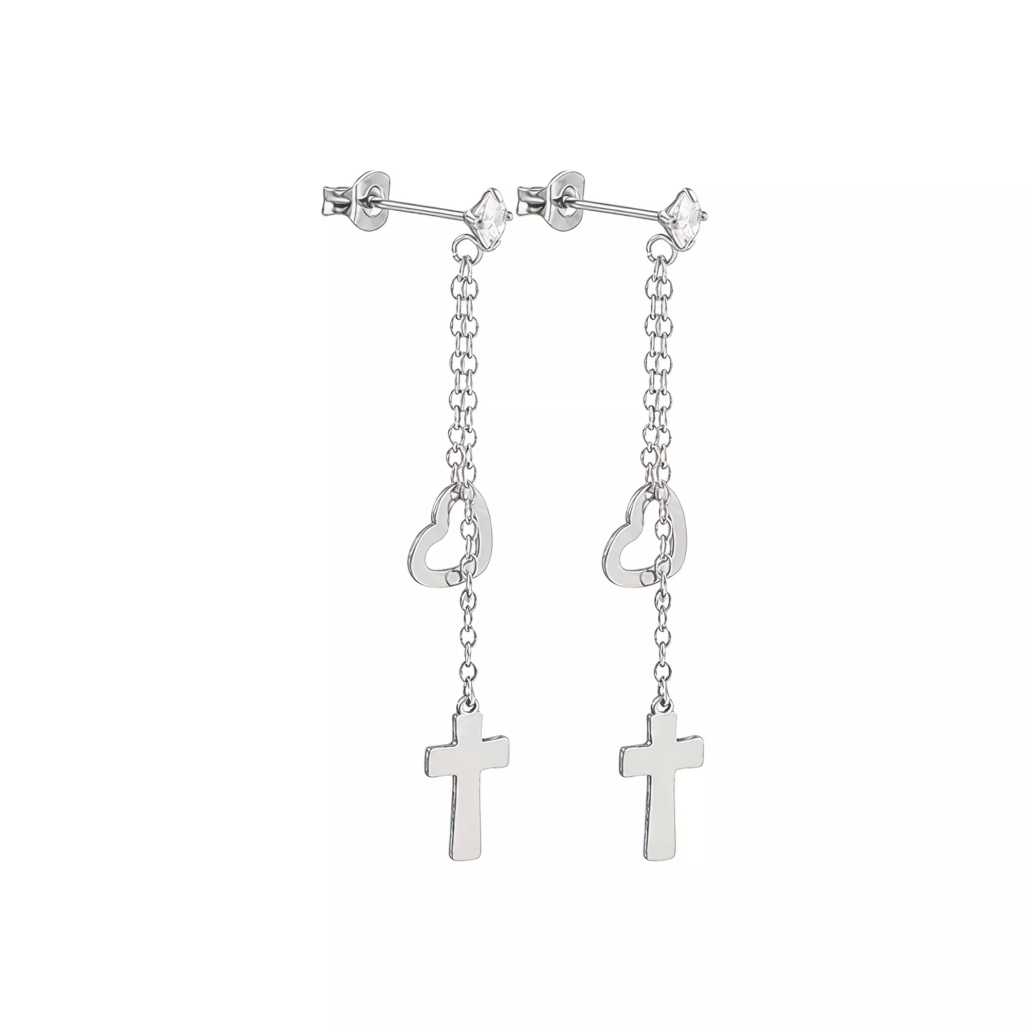 CZ Silver-Tone Heart and Cross Chain Dangle Earrings - 20 Gauge