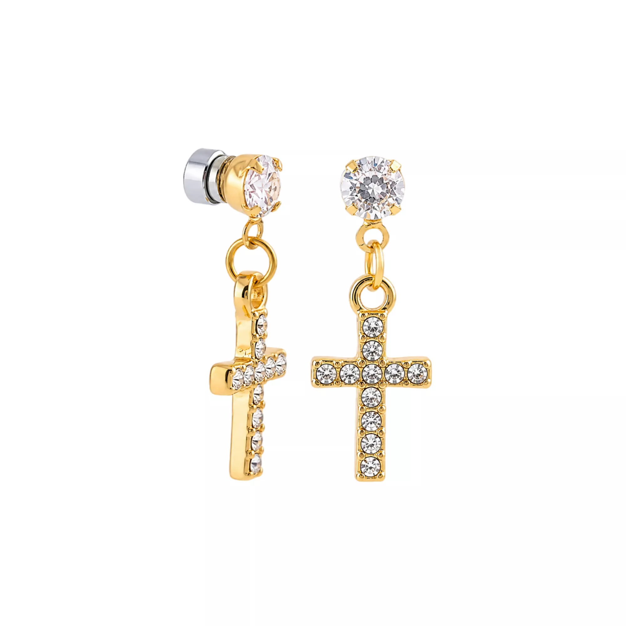 Round CZ Cross Magnetic Fake Stud Dangle Earrings