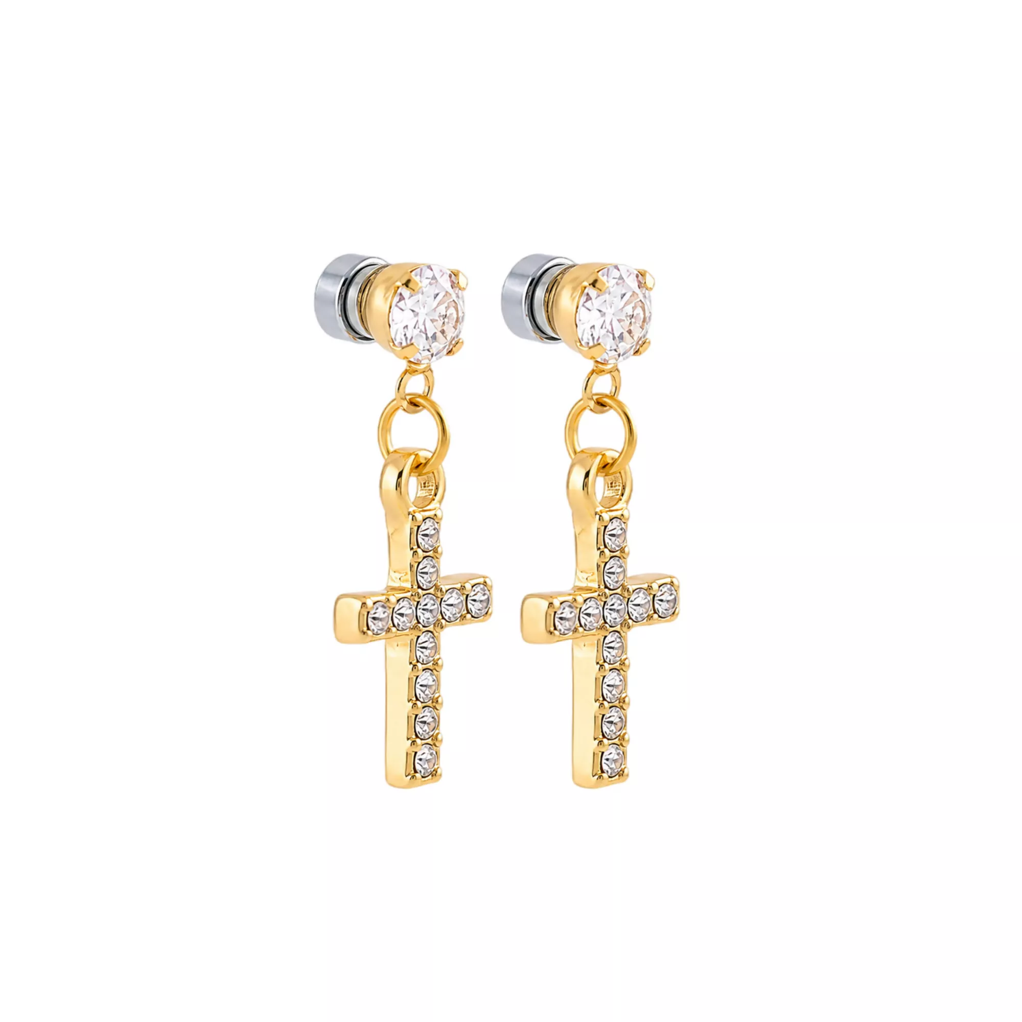 Round CZ Cross Magnetic Fake Stud Dangle Earrings