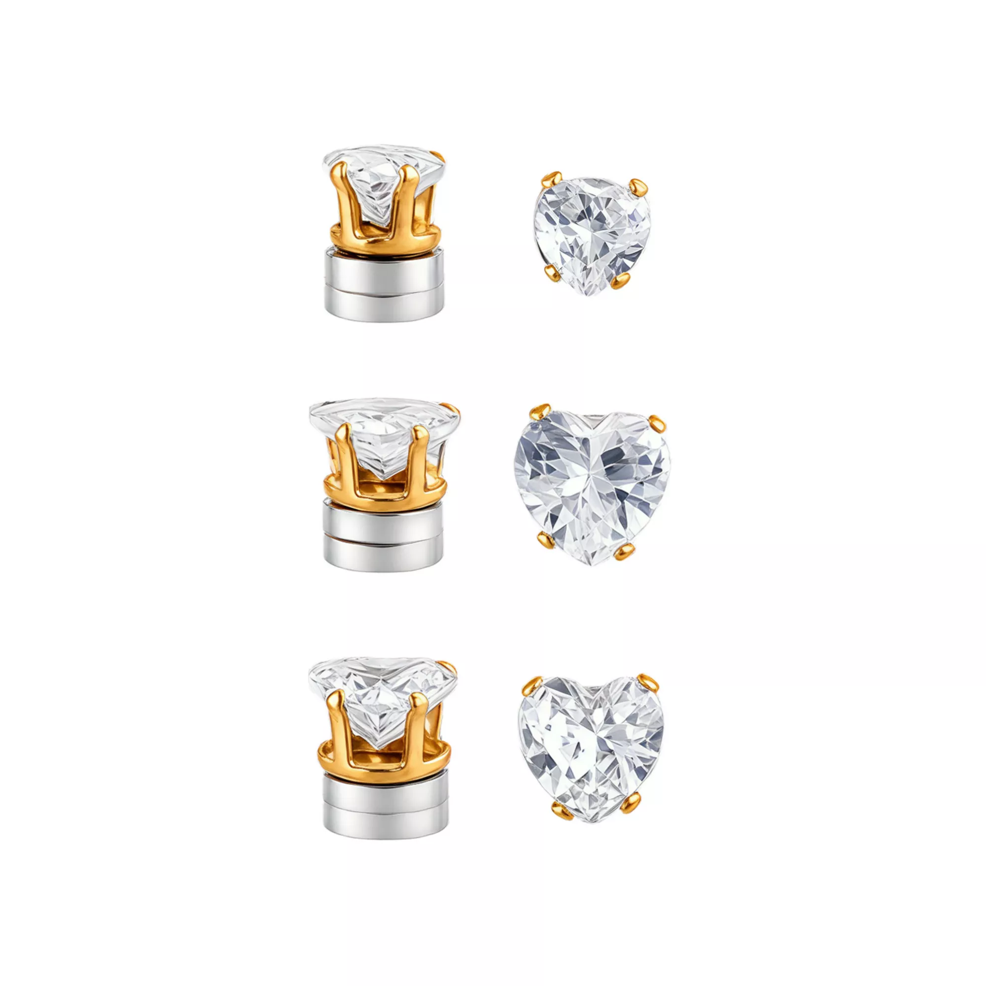 Multi-Pack Clear CZ Heart Magnetic Fake Stud Earrings - 3 Pair