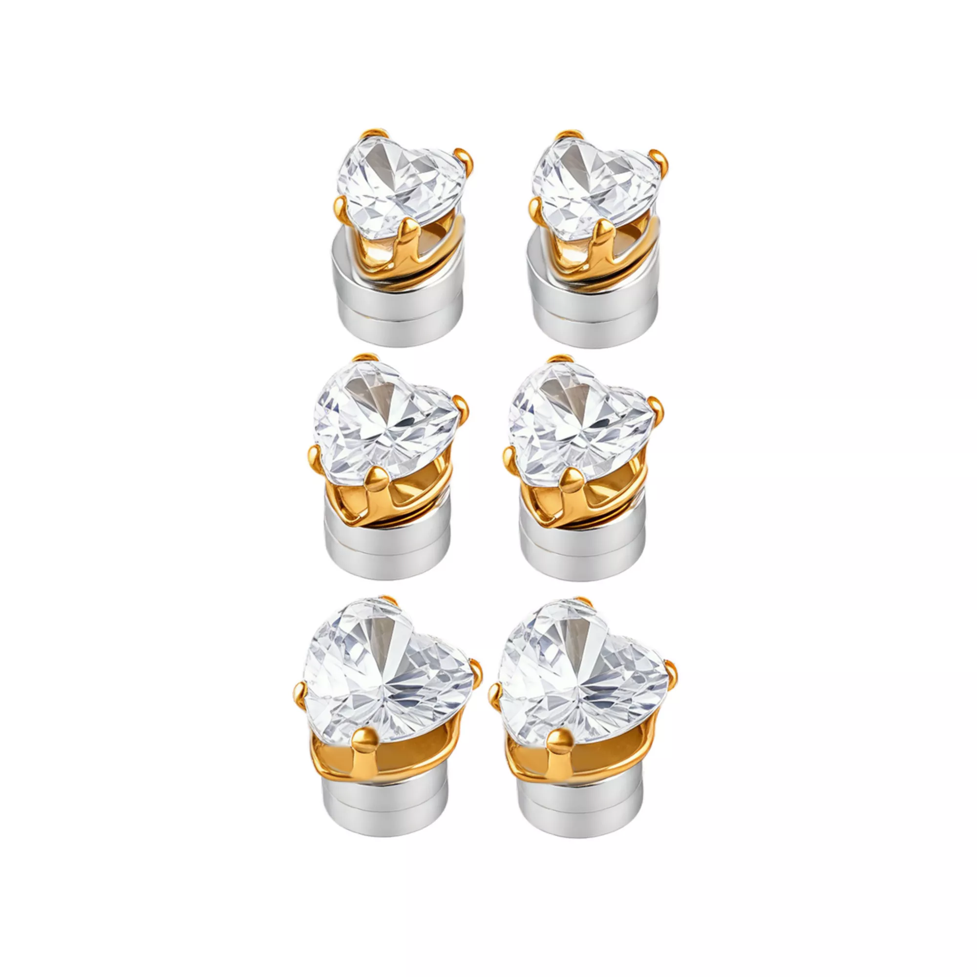 Multi-Pack Clear CZ Heart Magnetic Fake Stud Earrings - 3 Pair