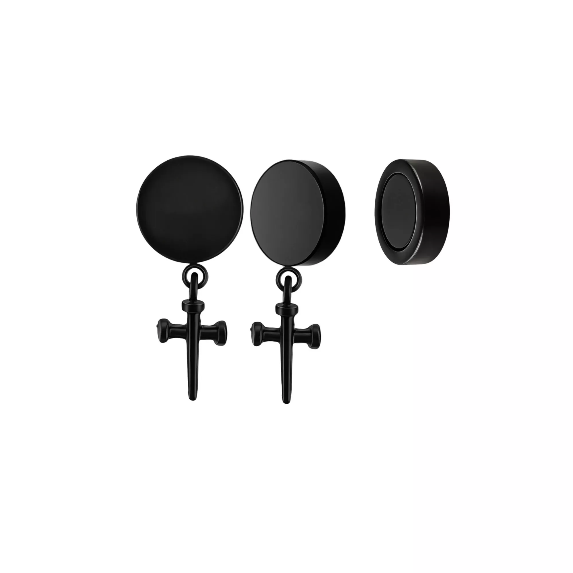 Black CZ Nail Cross Magnetic Fake Dangle Earrings