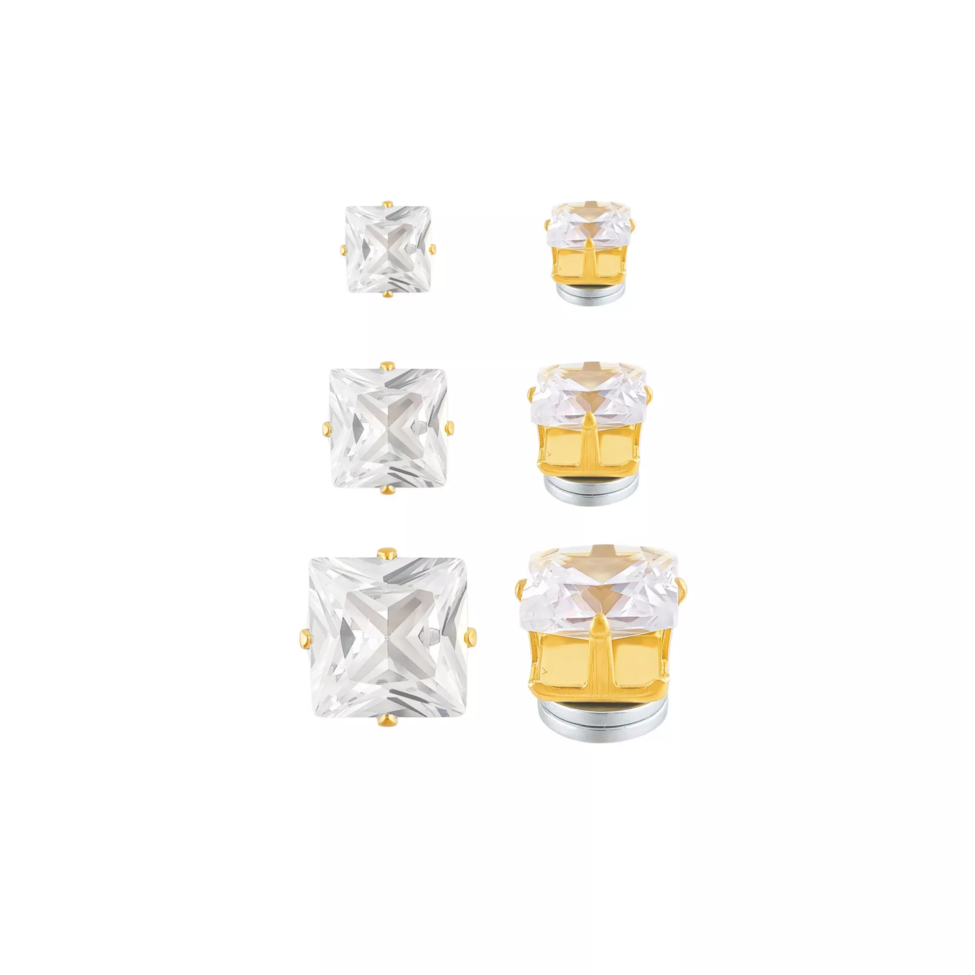Multi-Pack CZ Square Gold-Tone Magnetic Fake Stud Earrings - 3 Pair