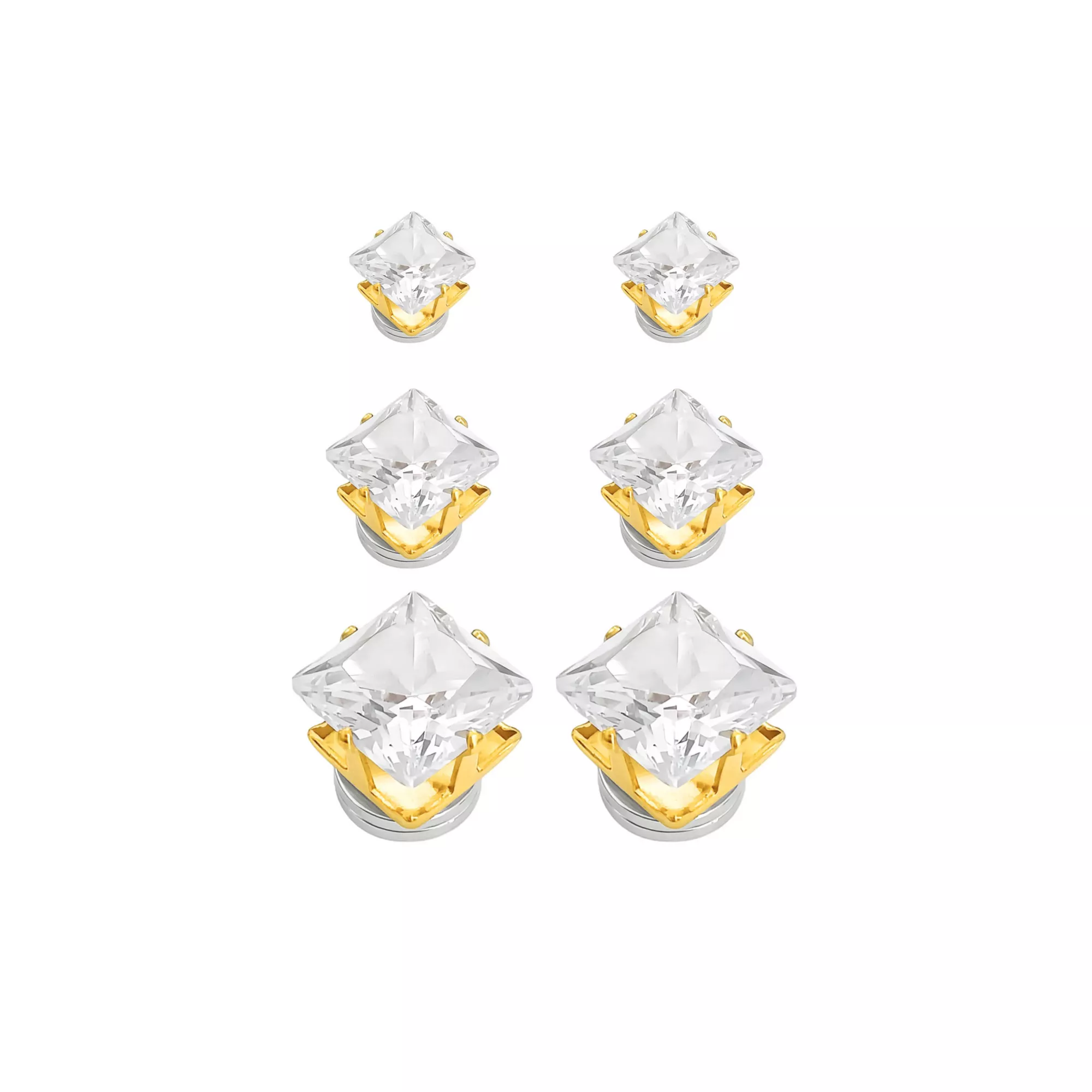 Multi-Pack CZ Square Gold-Tone Magnetic Fake Stud Earrings - 3 Pair