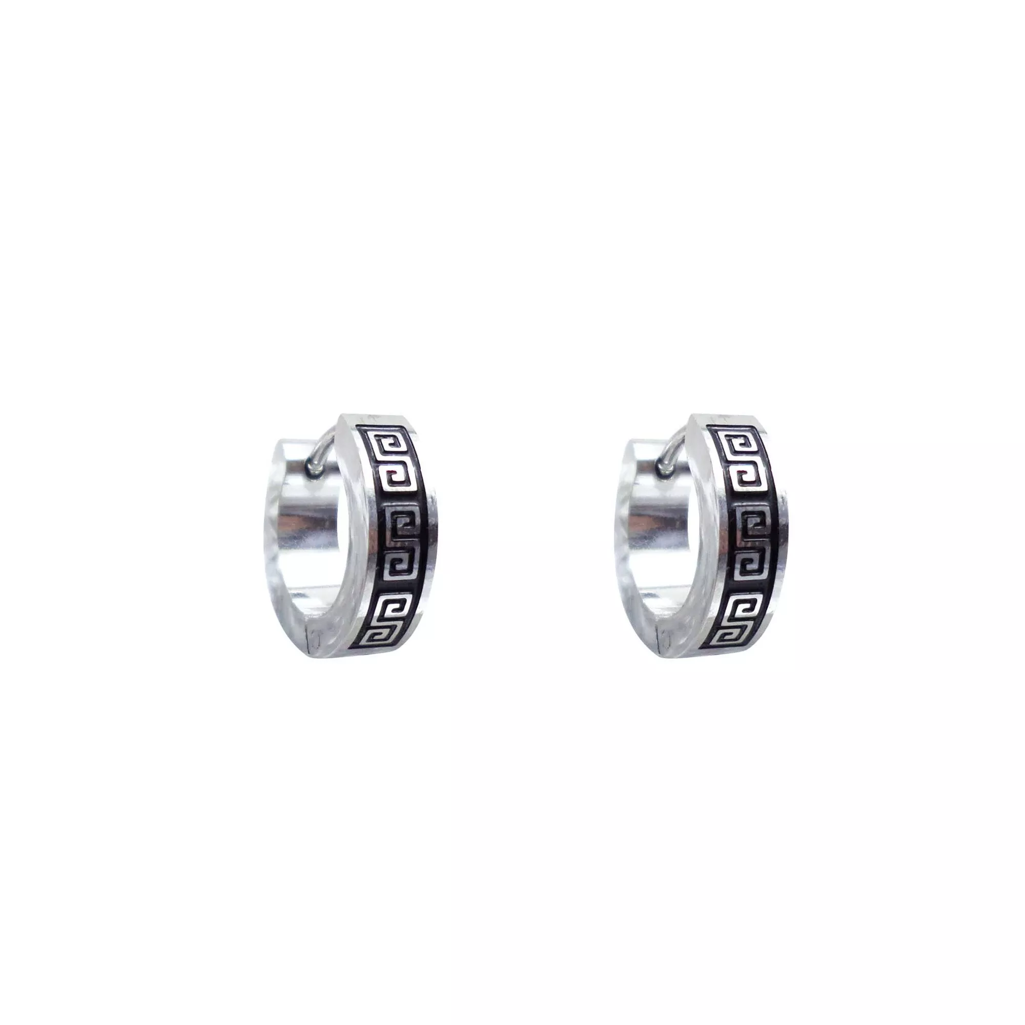 Back and Silver-Tone Greek Pattern Huggie Hoop Earrings - 18 Gauge