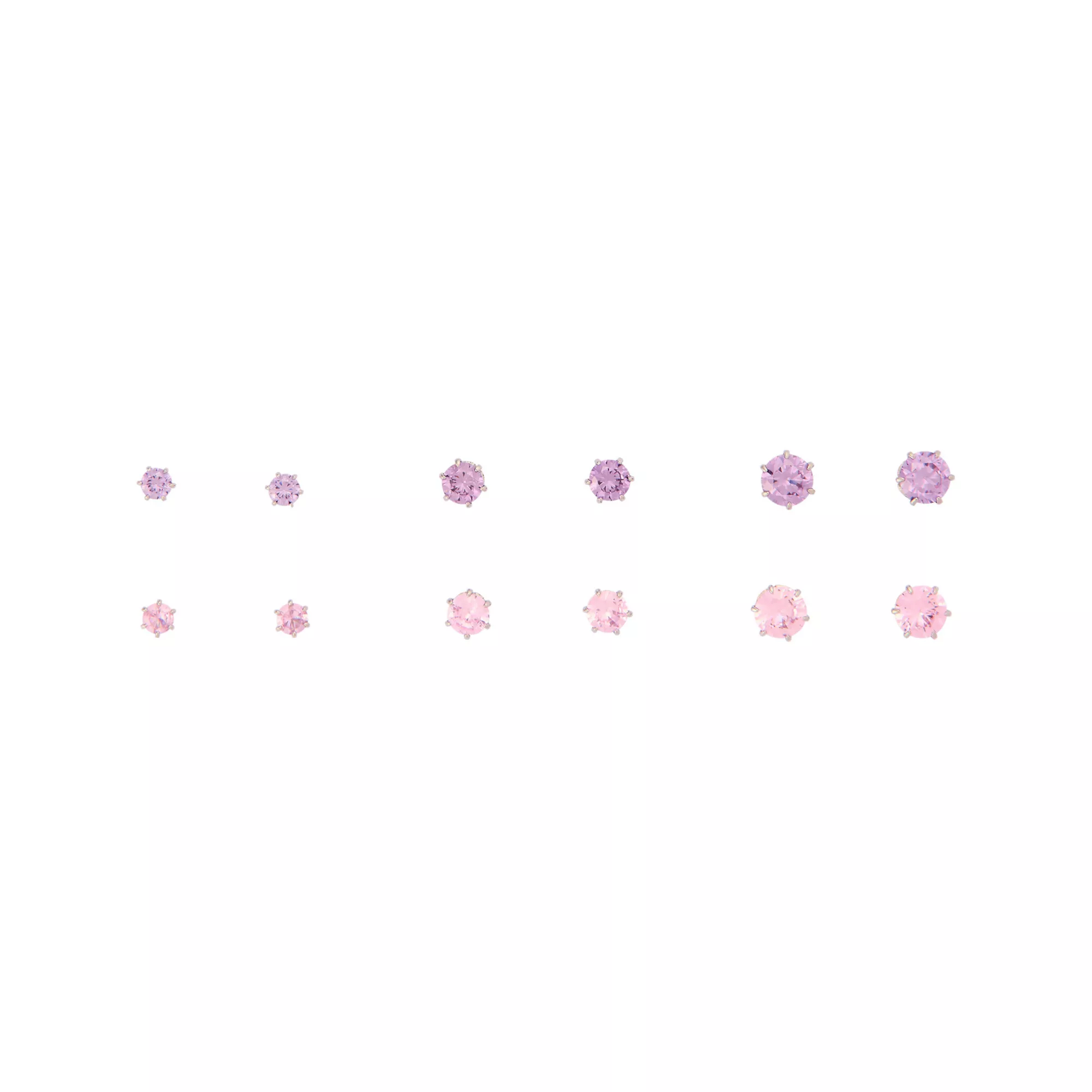 Multi-Pack Purple and Pink CZ Silver-Tone Stud Earrings 6 Pair - 20 Gauge